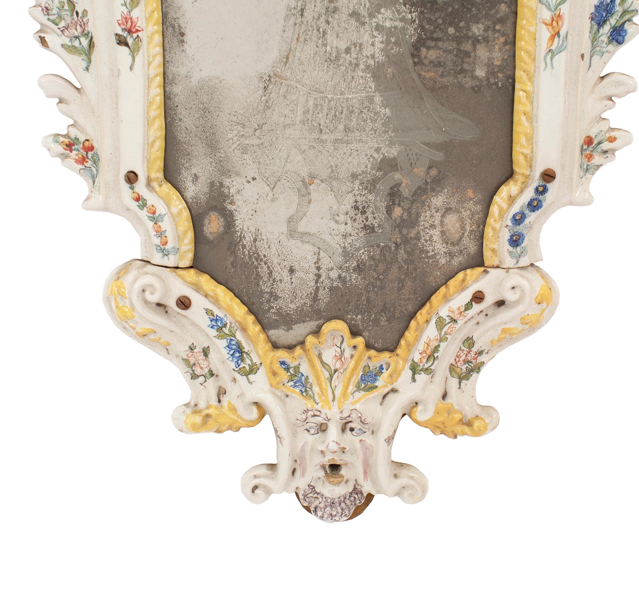 Hand-Painted Continental '19th Century' Porcelain Keystone Shaped Wall Mirror For Sale