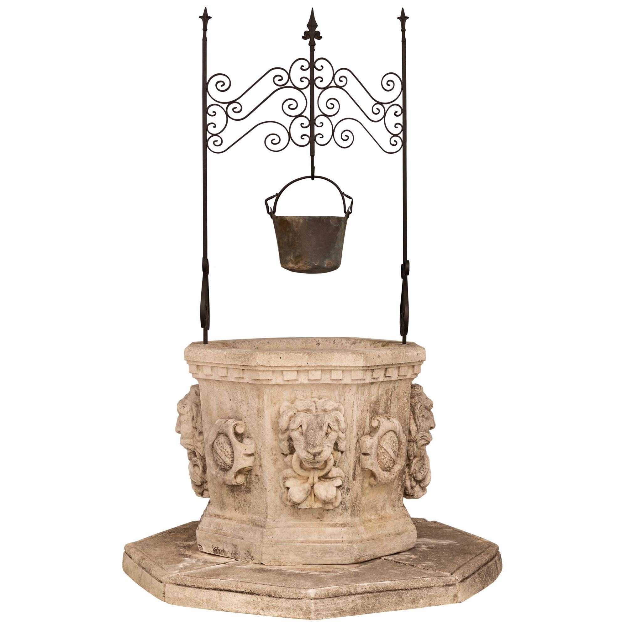 Continental 19th Century Renaissance St. Composite Stone And Wrought Iron Well For Sale