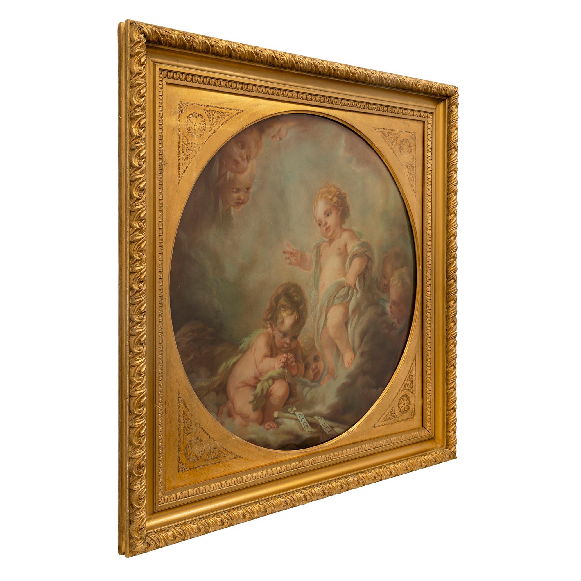 A wonderful large scale Continental 19th century signed pastel within a giltwood frame. The pastel depicts playful adorable cherubs, frolicking in a reverie. The square giltwood frame has a carved foliate outer border and fine etching designs at the