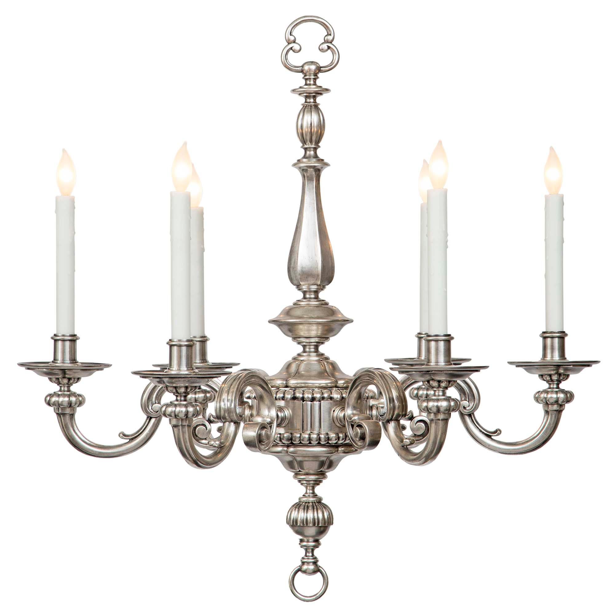 A superb Continental 19th century silvered bronze six arm chandelier. The chandelier is centered by a bottom ring below a decorative reeded design. Each of the elegantly scrolled arms branch out from a beaded and reeded center and also display
