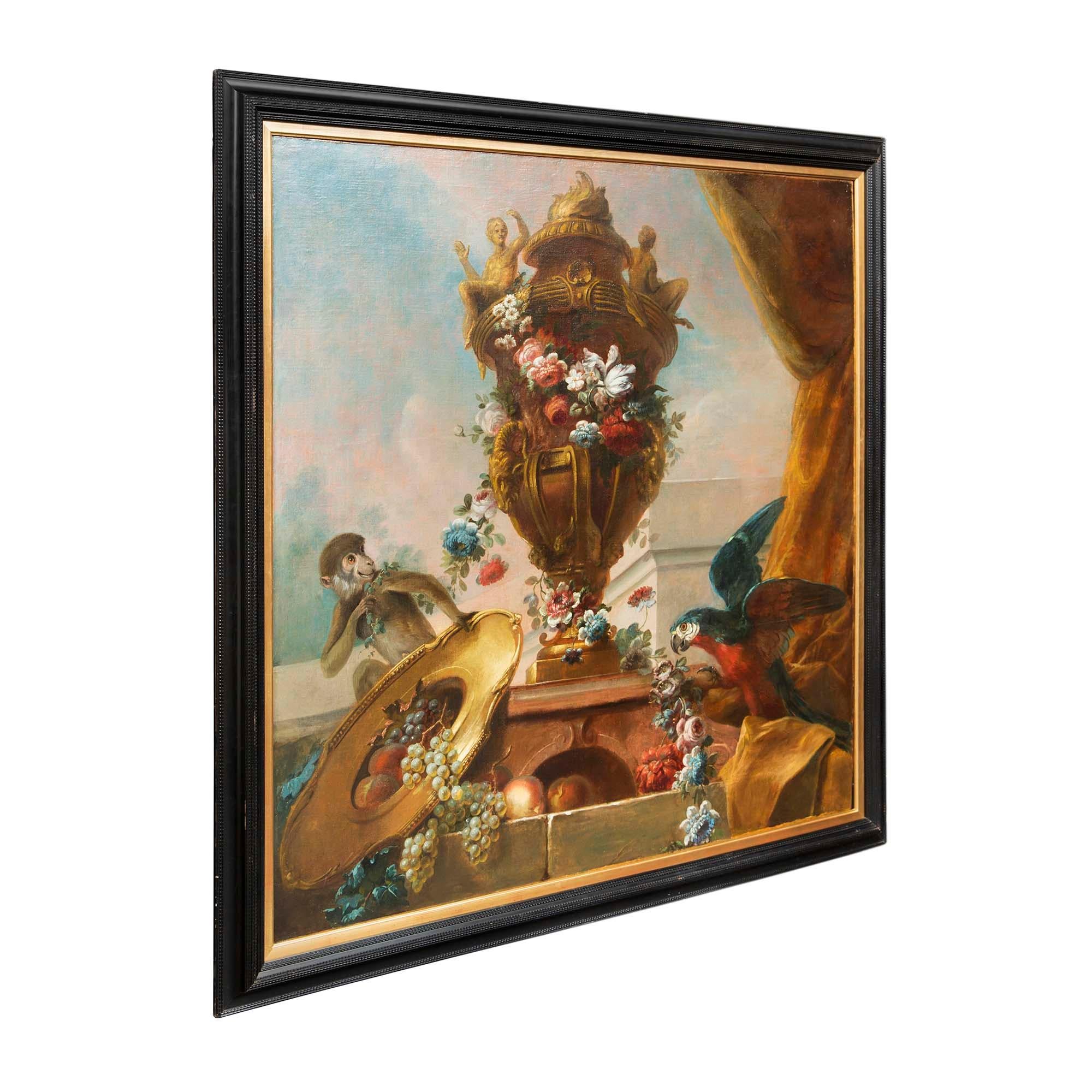 A striking Continental 19th century still life painting. The charming painting depicts a central urn with eternal flame and personages seated to each side and draped in beautiful floral garlands. At the base is a parrot amidst flowers and a monkey