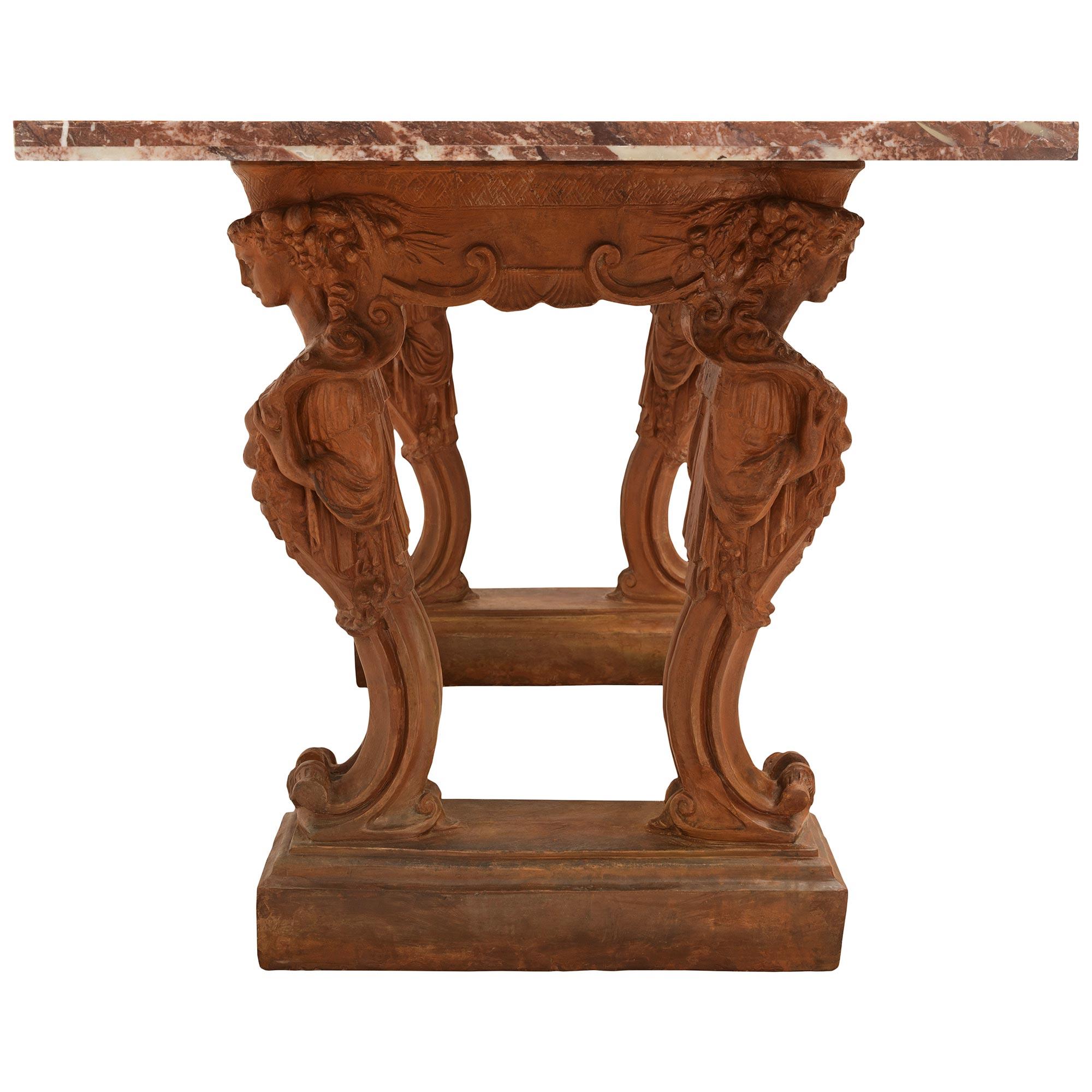 Continental 19th century Terra Cotta and marble center table In Good Condition For Sale In West Palm Beach, FL