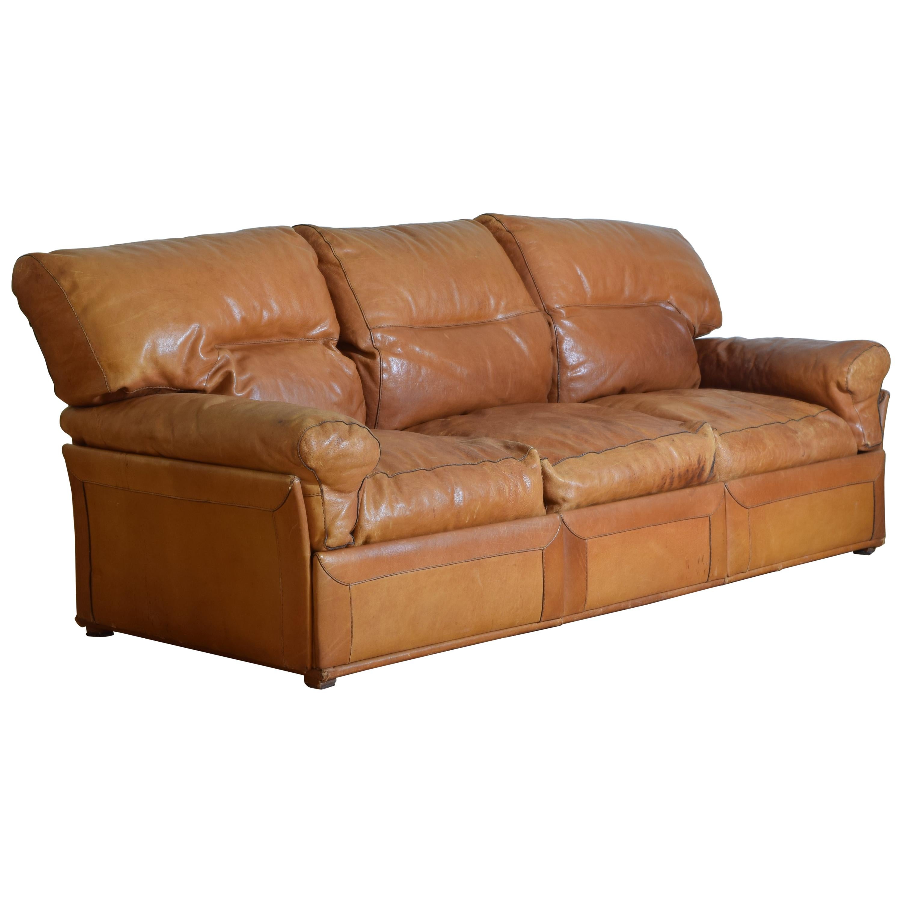 Continental 3 Cushion Leather Sofa, Second Half of the 20th Century For