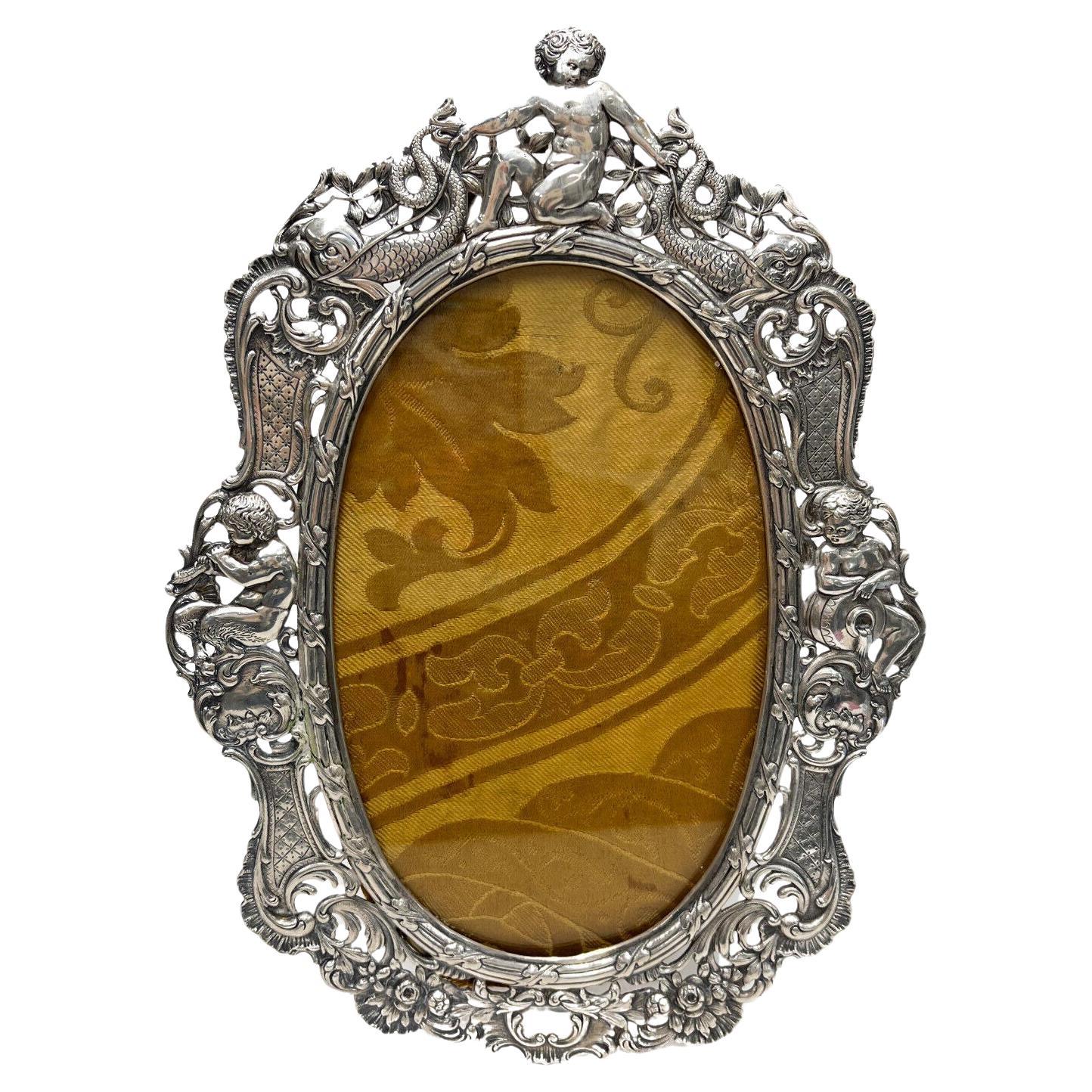  Continental 800 Silver Pierced Cherub Photo Frame, circa 1900 For Sale