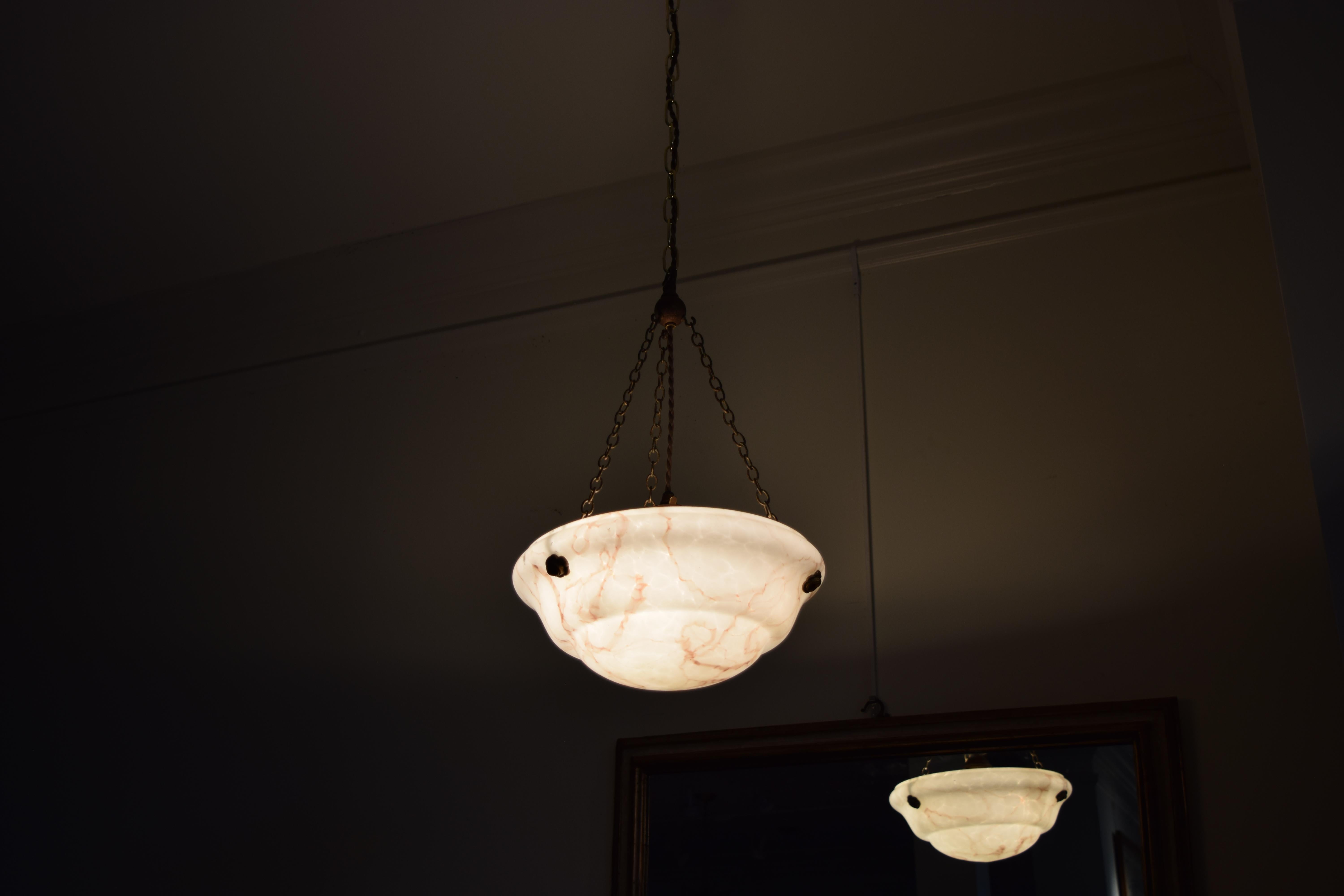 Art Deco Continental Alabaster 3-Light Hanging Pendant Lantern, mid 20th century