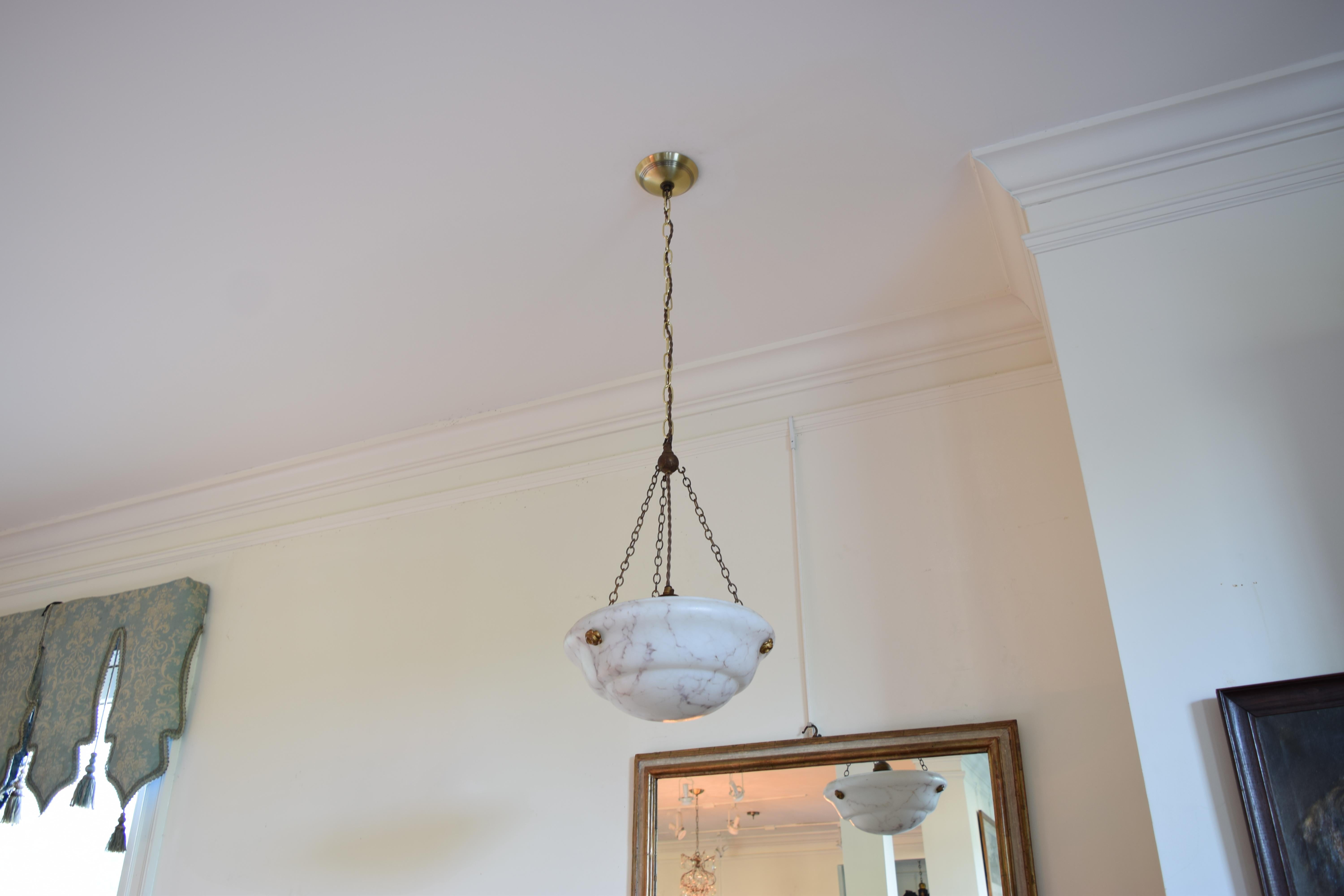 European Continental Alabaster 3-Light Hanging Pendant Lantern, mid 20th century