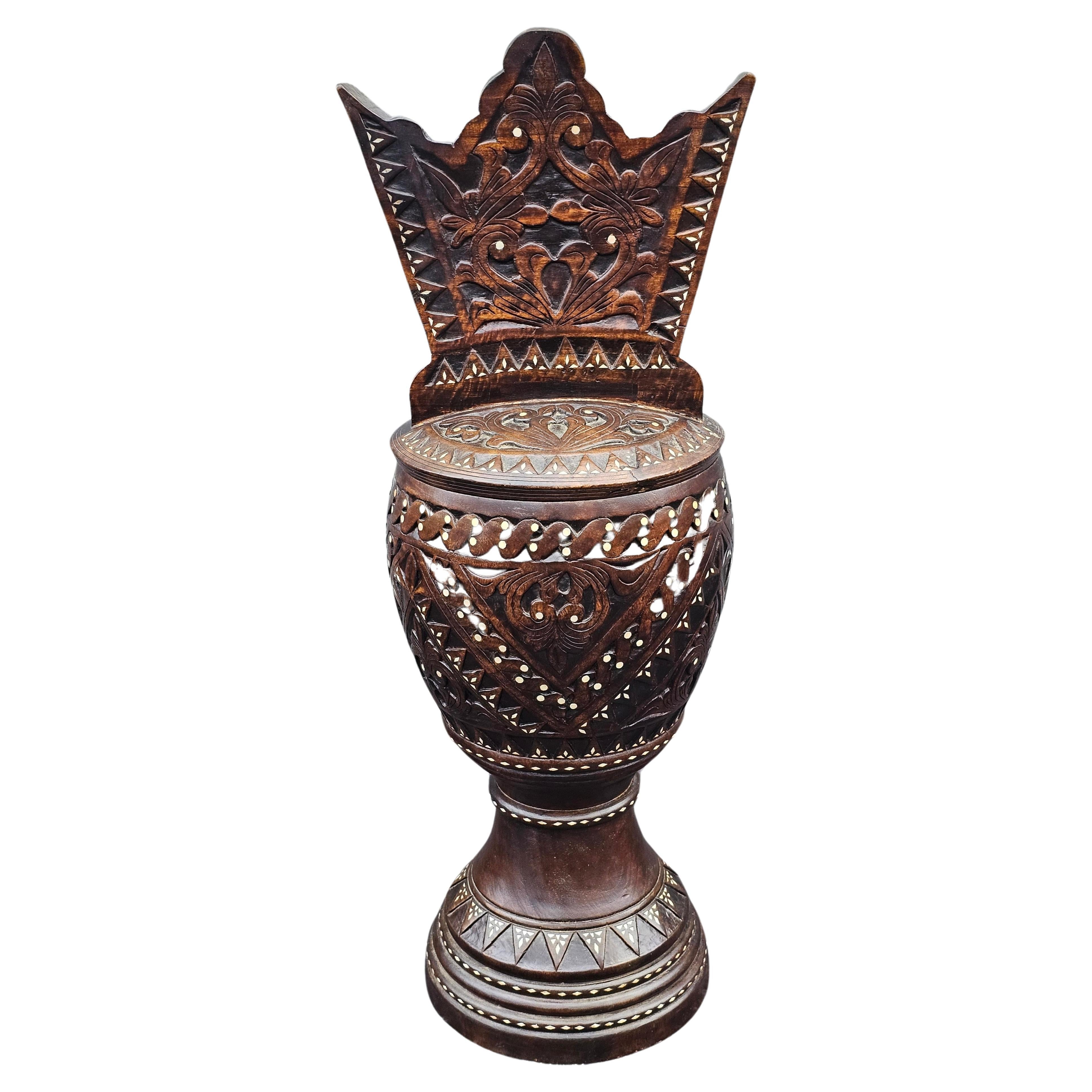 A rare Continental Anglo-Indian Carved and Mother of Pearl Inlaid Covered Cellar. 
Measures 18