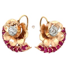 Diamond Ruby Floral Blossom 14 Karat Rose Gold Artisan Made Earrings