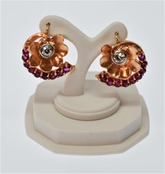 Diamond Ruby Floral Blossom 14 Karat Rose Gold Artisan Made Earrings