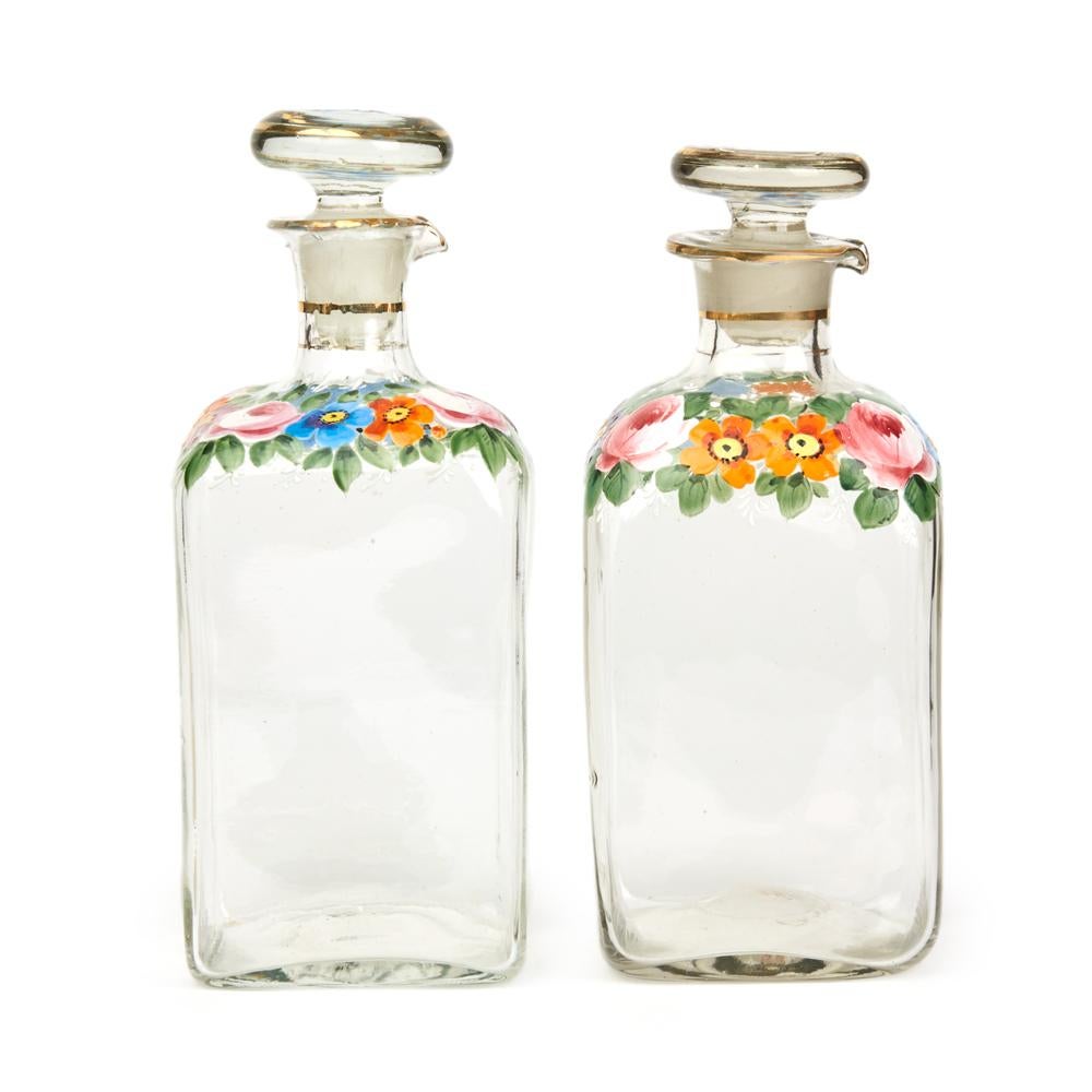 European Continental Antique Floral Enamelled Glass Decanters, 19th Century