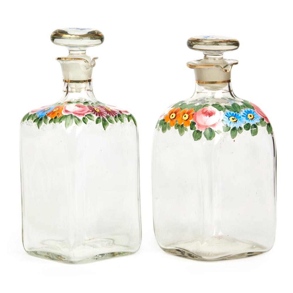 Hand-Painted Continental Antique Floral Enamelled Glass Decanters, 19th Century