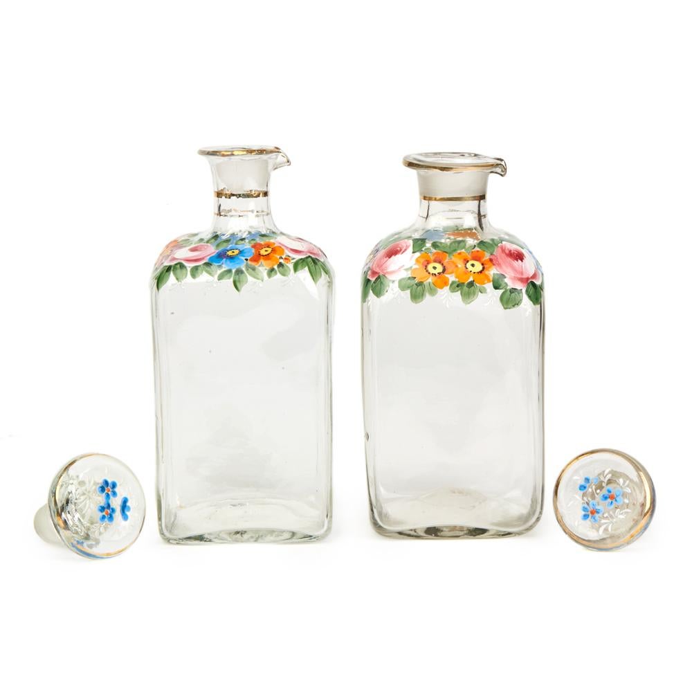 Continental Antique Floral Enamelled Glass Decanters, 19th Century In Good Condition In Bishop's Stortford, Hertfordshire