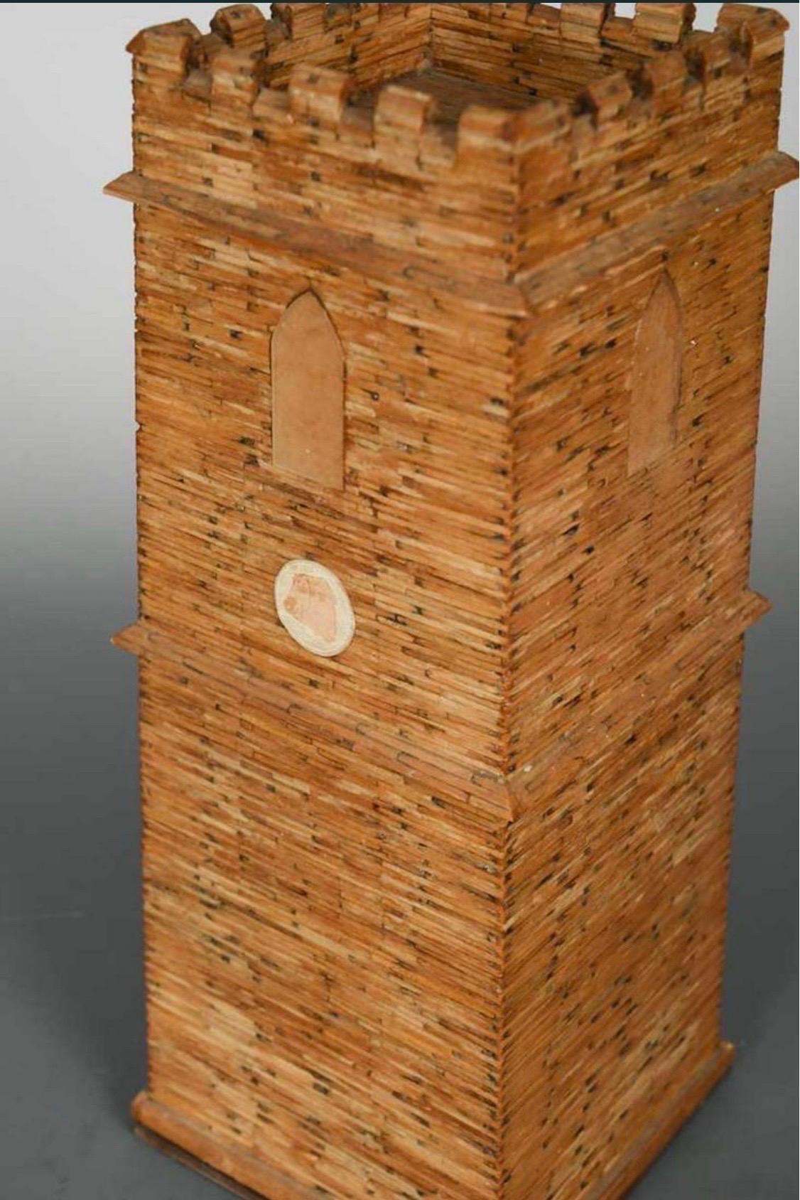 Mid-Century Modern Continental Antique Folk Art Matchstick Money Box Clock Tower en vente