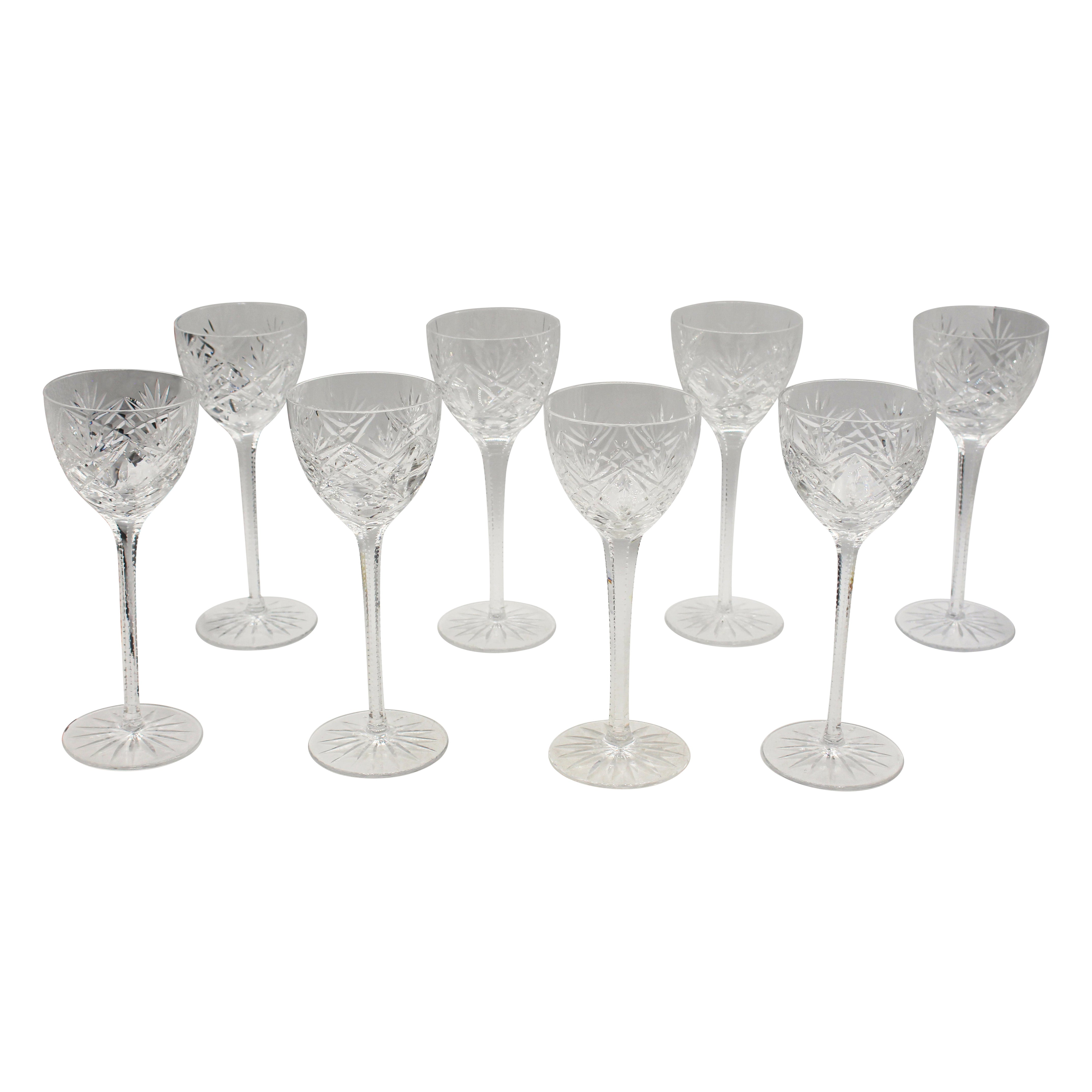 Continental Antique Set of 8 Handblown and Cut Crystal Wine Glasses