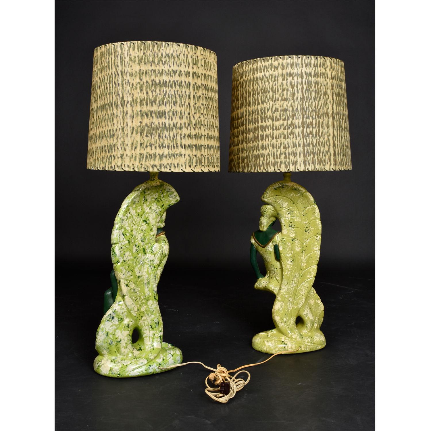 Pair of Continental Art Co. green fairy lamps. Vintage 1950s complete with fiberglass lamp shades. You’d be hard pressed to find a finer examples of early mid-century modern kitsch. We use the term “kitsch” with the utmost esteem, these are truly