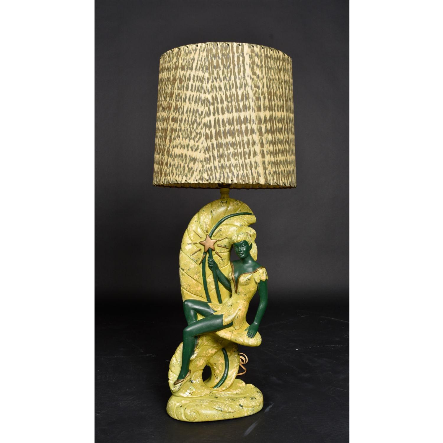 Américain Continental Art Co. Lampes Chalkware vertes avec abat-jour en fibre de verre en vente