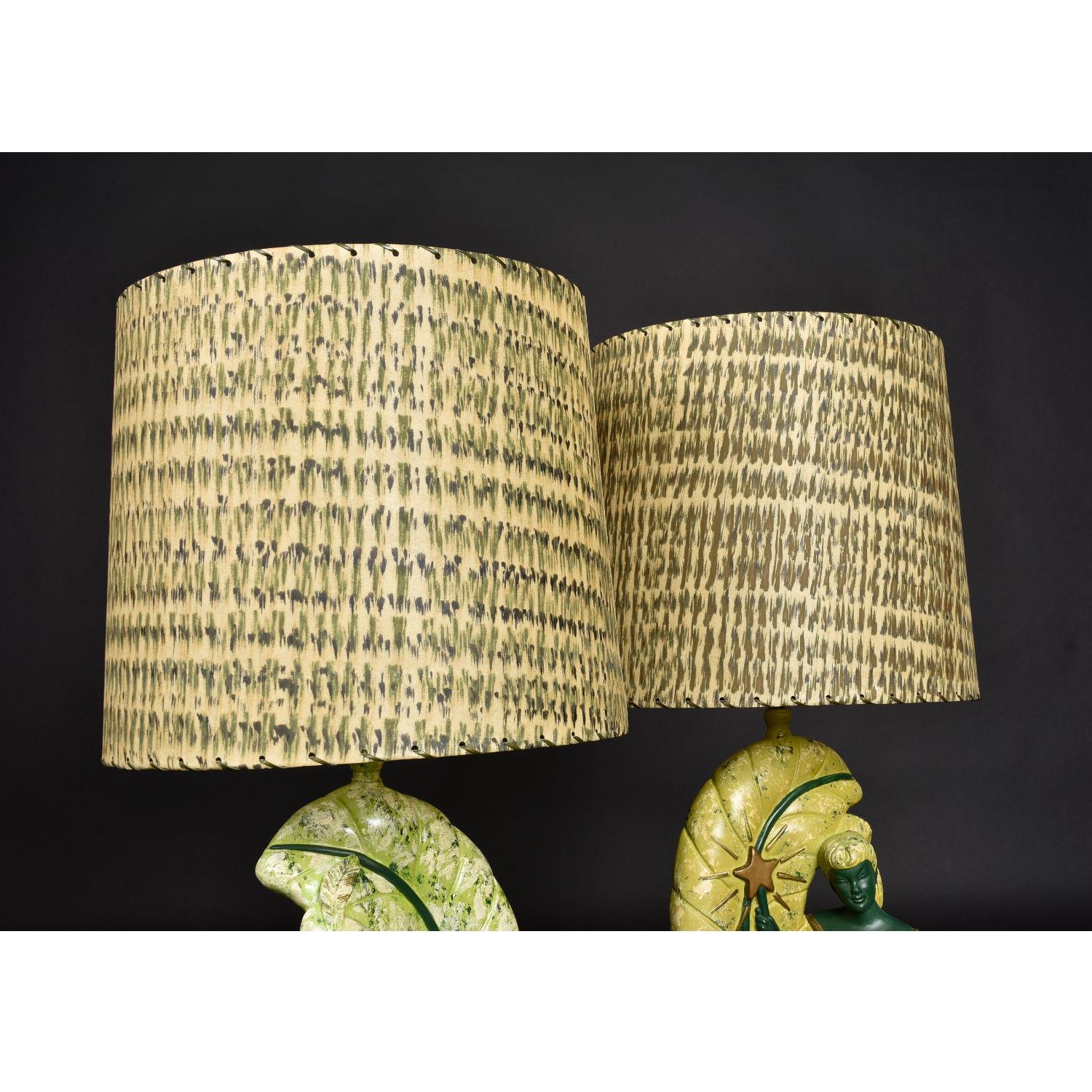 Continental Art Co. Green Fairy Chalkware Lamps with Fiberglass Shades In Excellent Condition For Sale In Chattanooga, TN