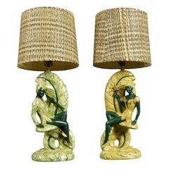 Continental Art Co. Green Fairy Chalkware Lamps with Fiberglass Shades