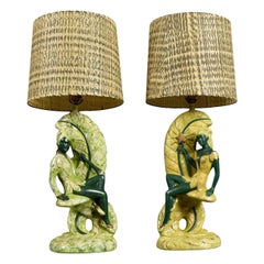 Continental Art Co. Green Fairy Chalkware Lamps with Fiberglass Shades