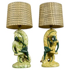 Continental Art Co. Green Fairy Chalkware Lamps with Fiberglass Shades