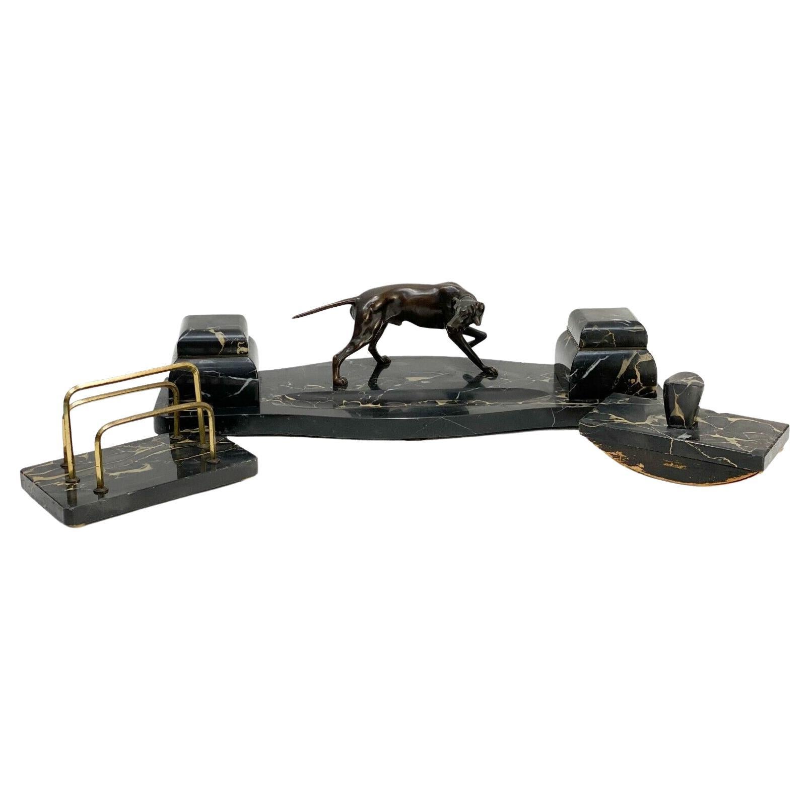 Continental Art Deco Bronze and Black Portor Marble Desk Set, circa 1925 For Sale