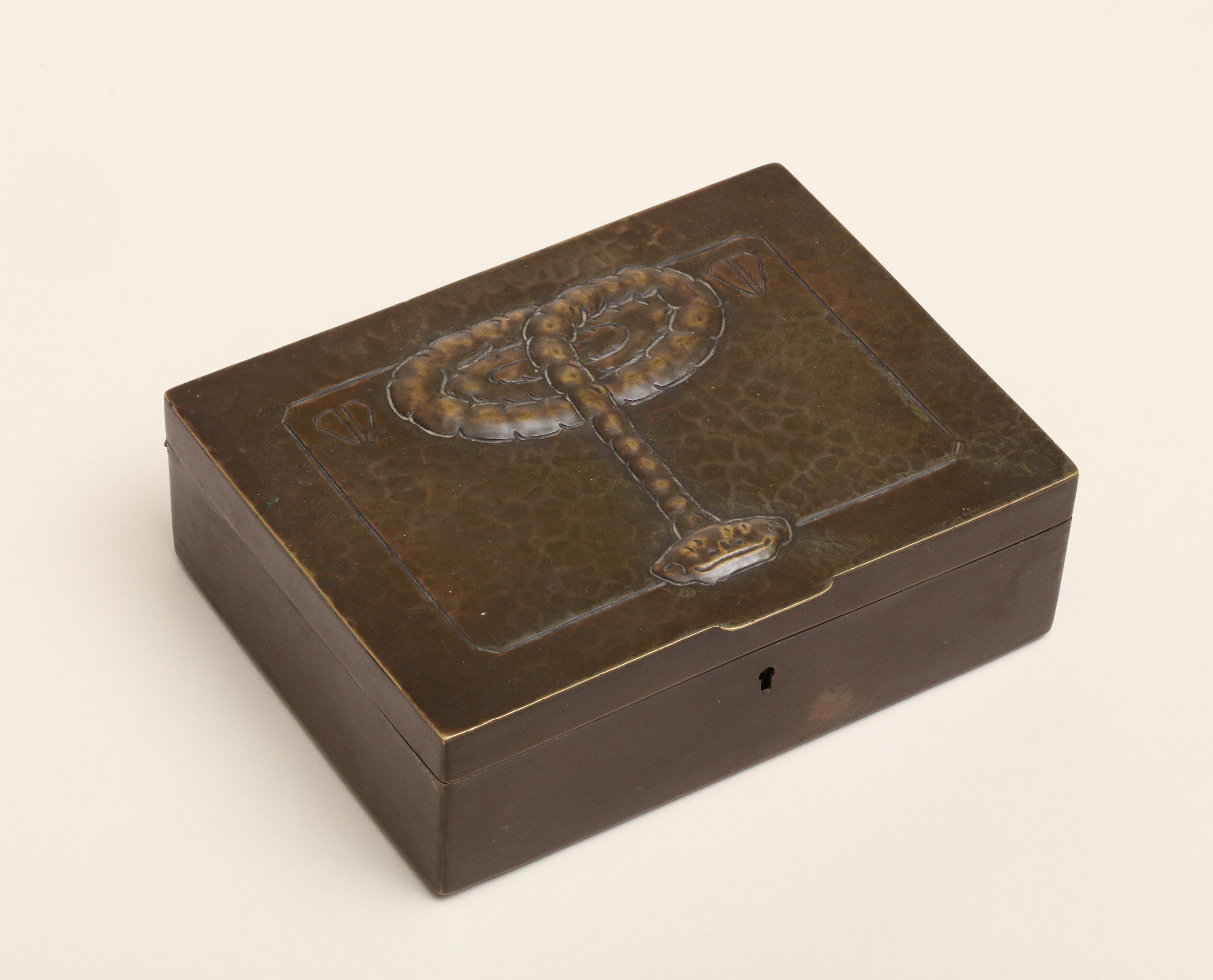 This is a Continental Art Deco hinged bronze box with elevated snake design on a martele ground top. Has working lock and key. It is lined in red silk.