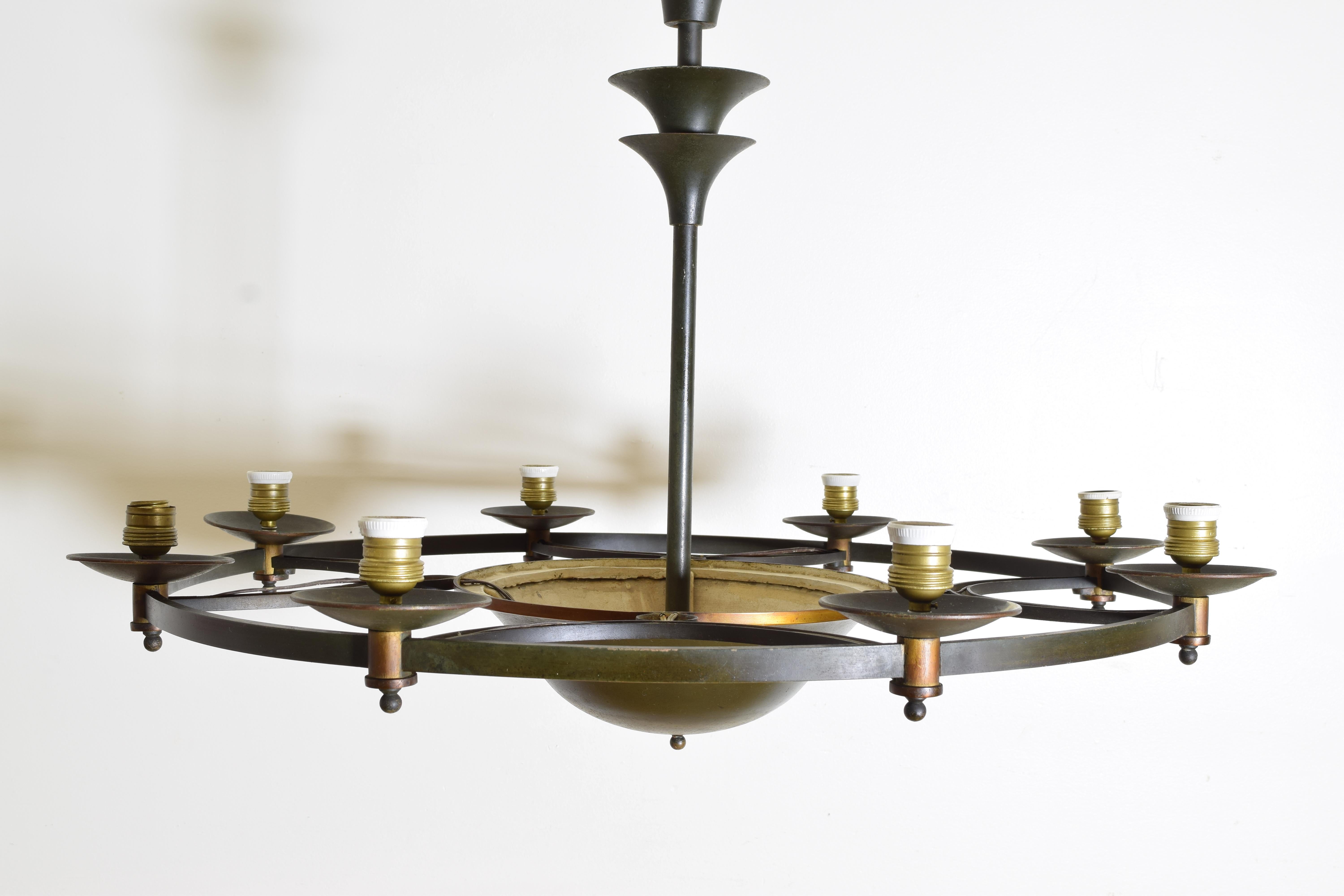 Mid-19th Century Continental Art Deco Period Green Painted & Brass 8-Light Chandelier, ca. 1835