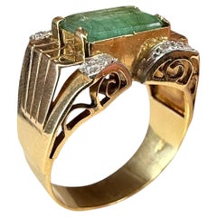 Continental Art Deco Retro Emeraude Diamant Bague de style Tank en or 18K