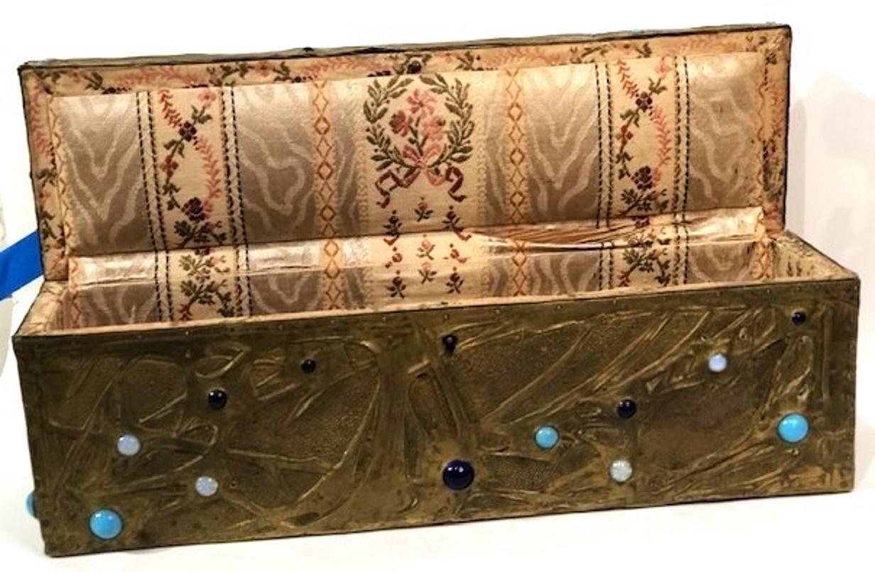 Early 20th Century Continental Art Nouveau Copper, Glass & Wood Jewelry Box, Ca. 1900 For Sale
