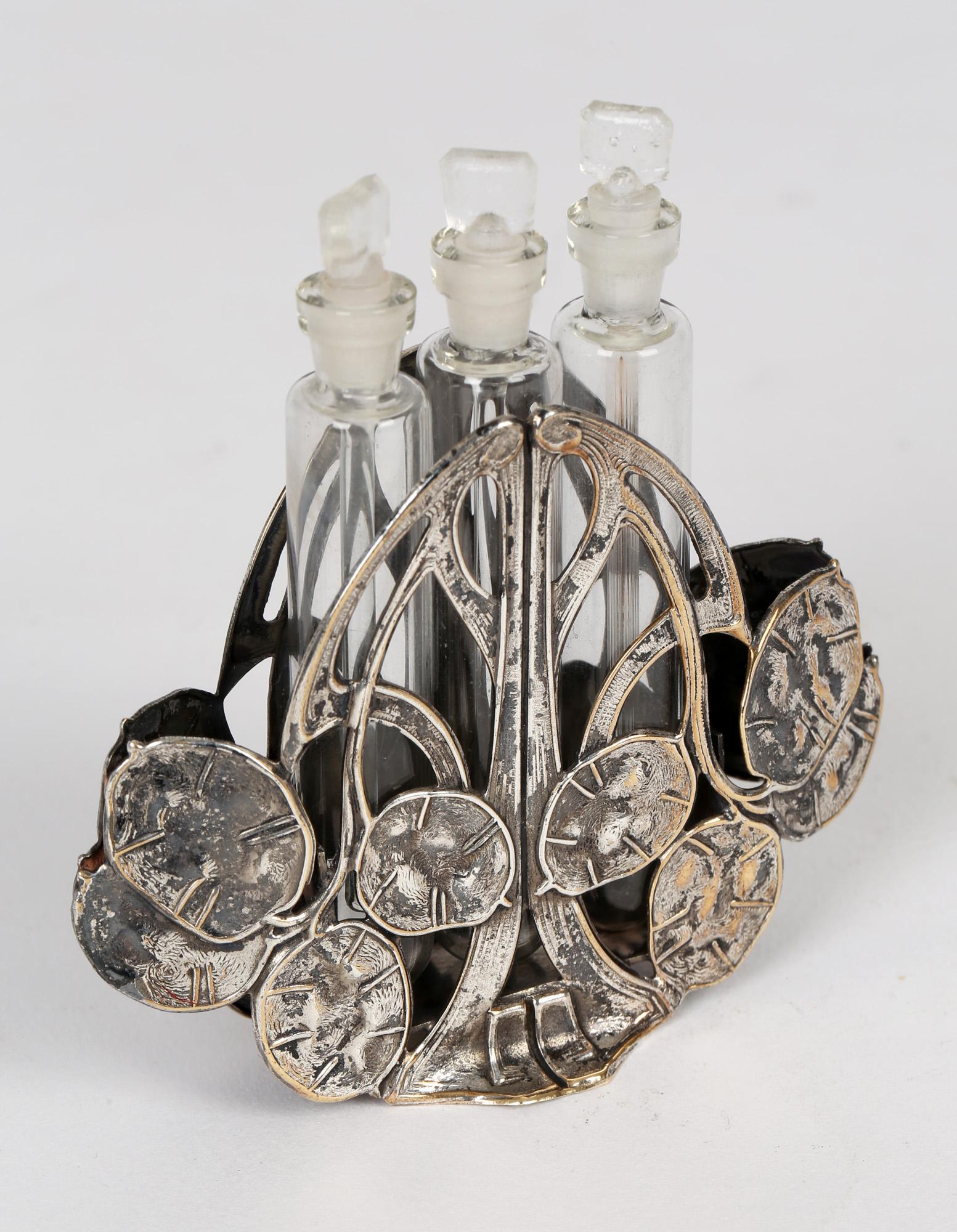 Continental Art Nouveau Silver Plated Seed Head Triple Scent Bottle Holder For Sale 3