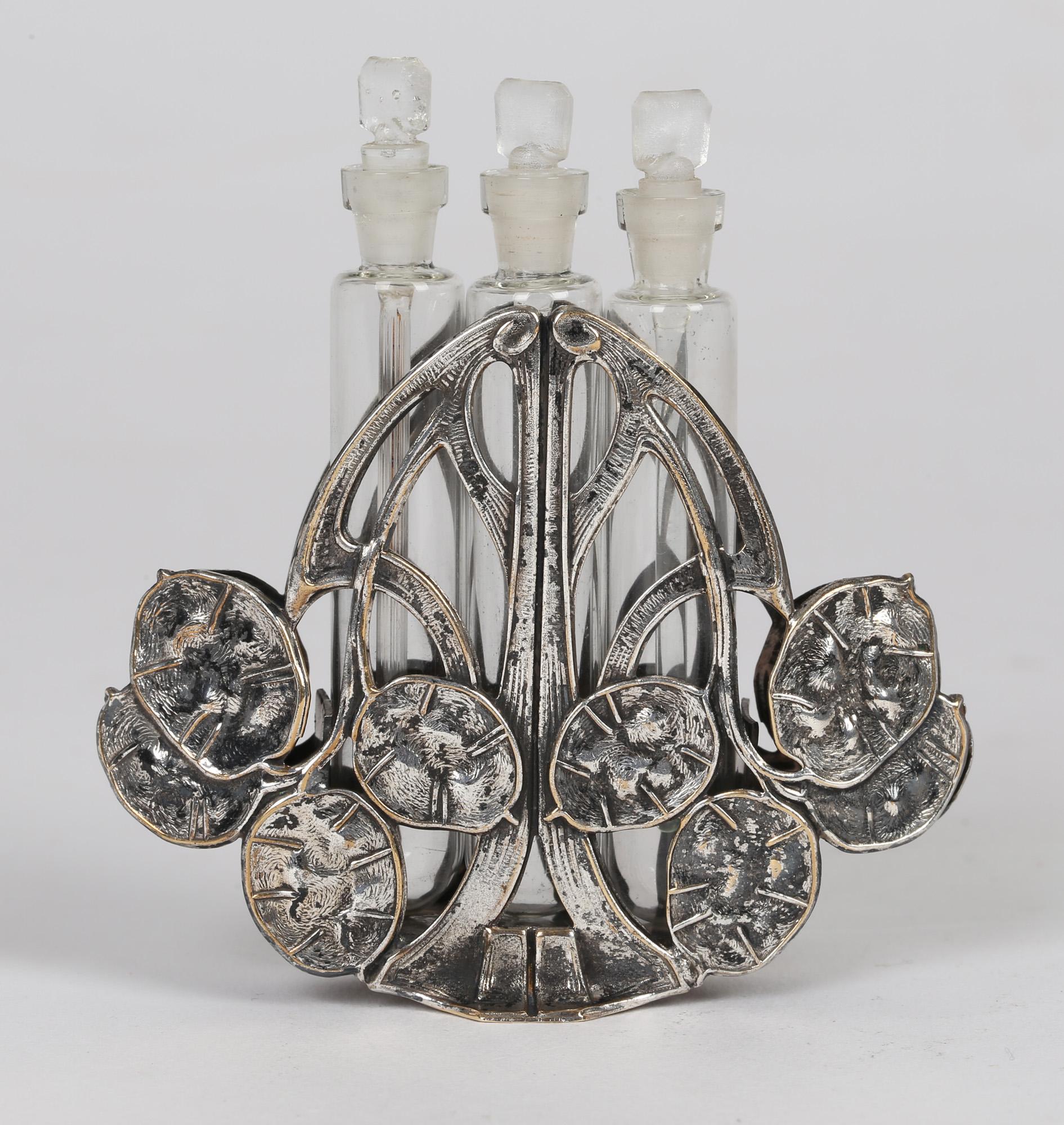 Continental Art Nouveau Silver Plated Seed Head Triple Scent Bottle Holder For Sale 6