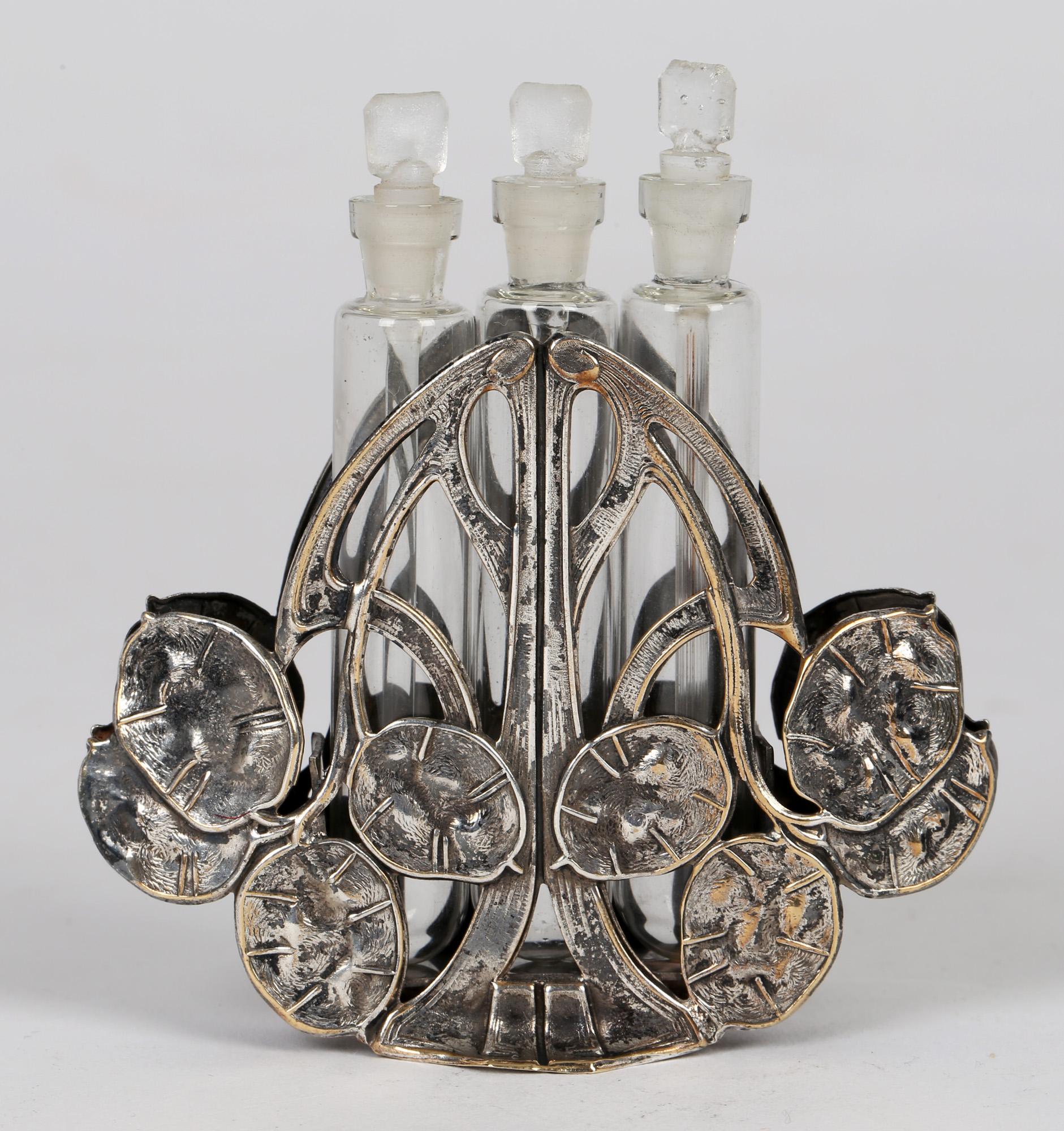 Continental Art Nouveau Silver Plated Seed Head Triple Scent Bottle Holder For Sale 7