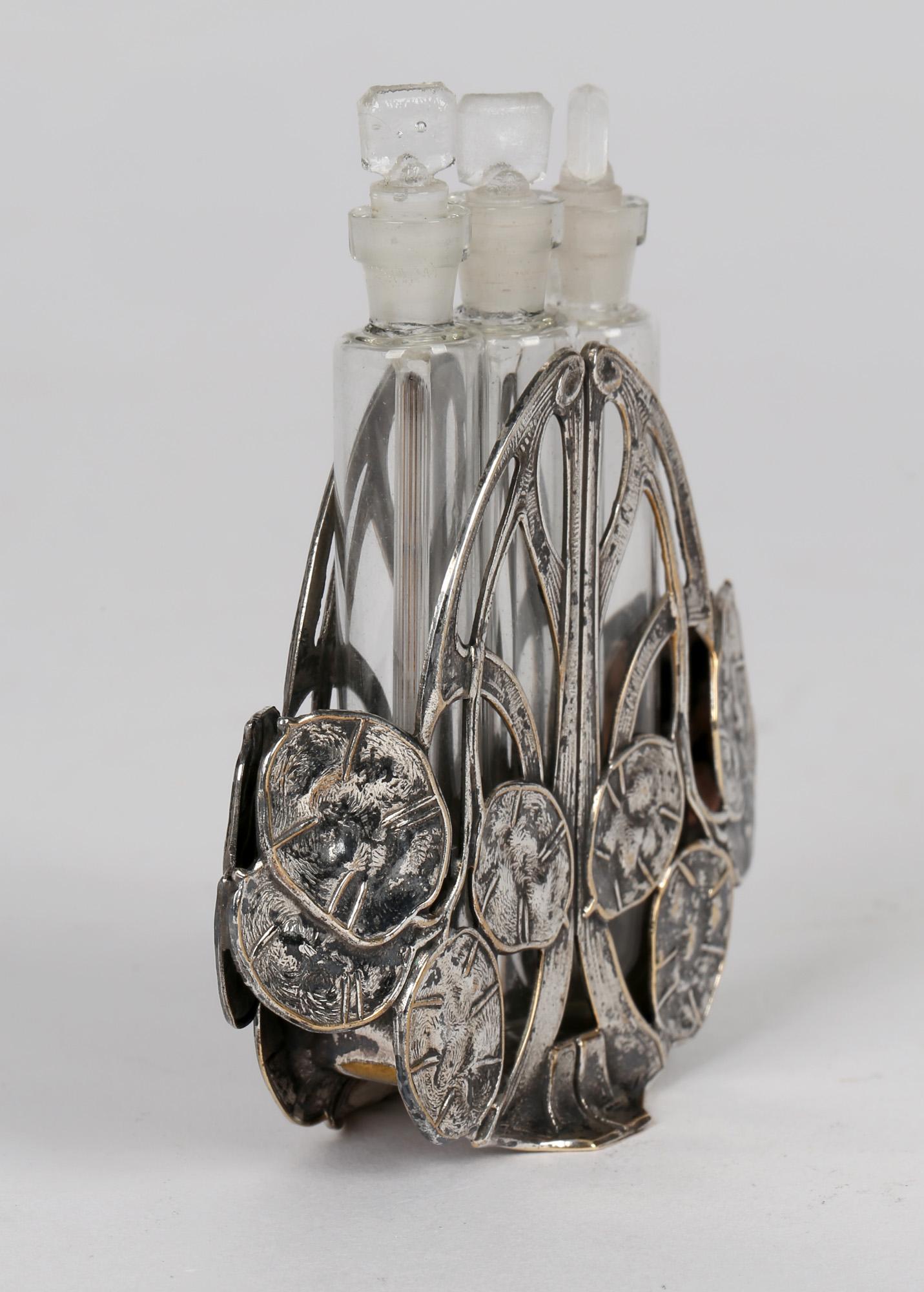 Continental Art Nouveau Silver Plated Seed Head Triple Scent Bottle Holder For Sale 8