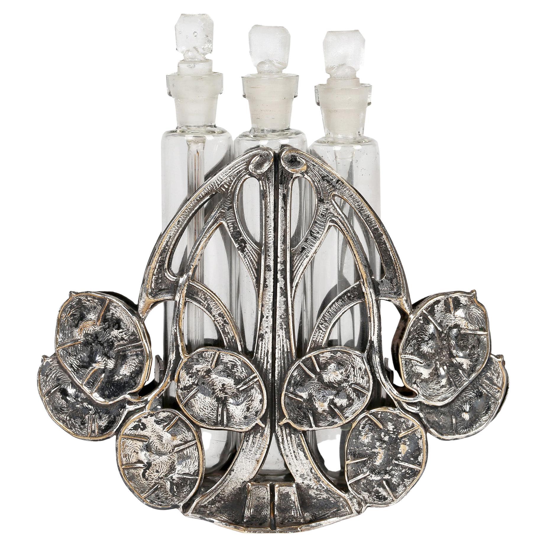 Continental Art Nouveau Silver Plated Seed Head Triple Scent Bottle Holder For Sale