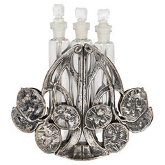 Continental Art Nouveau Silver Plated Seed Head Triple Scent Bottle Holder