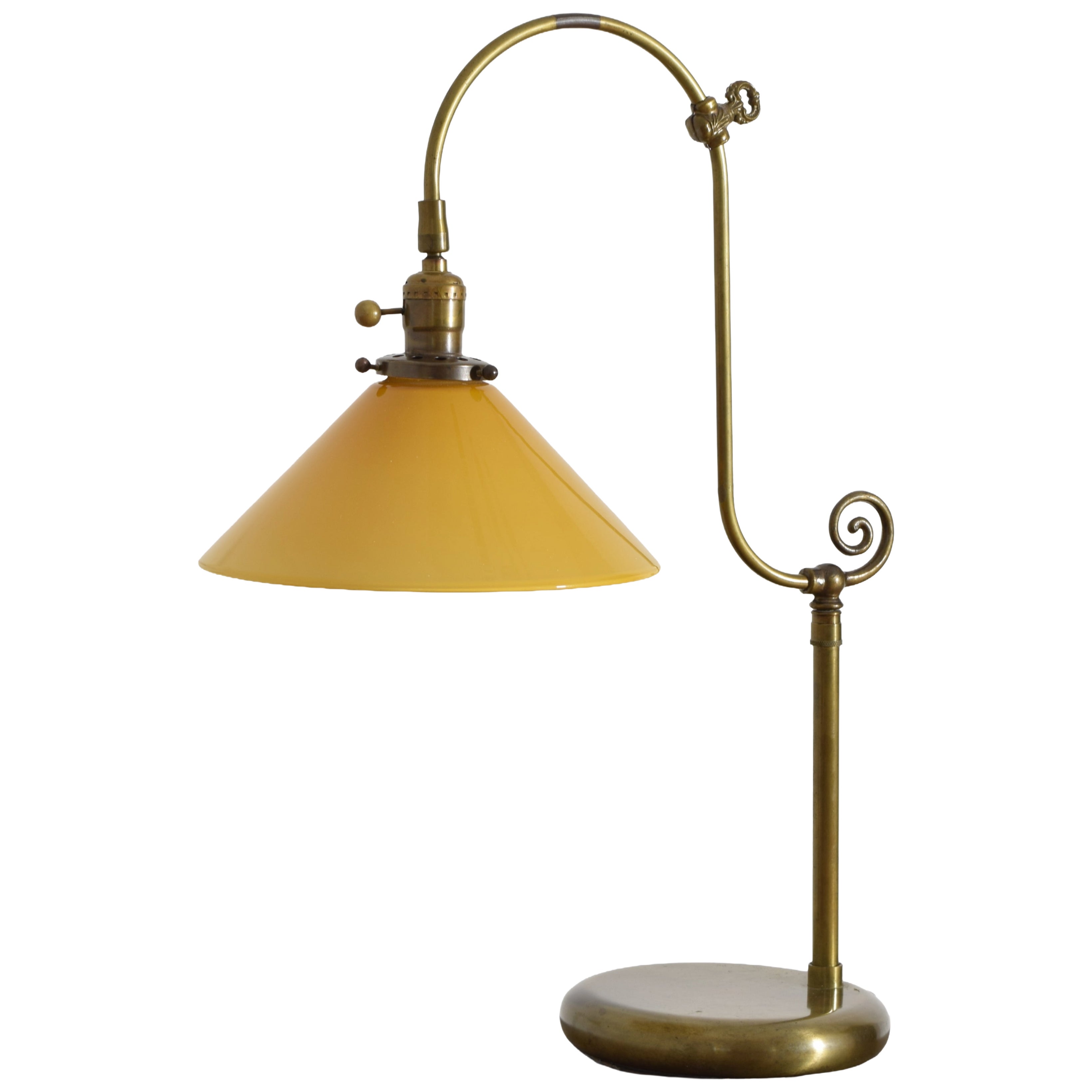 Continental Art Nouveau Style Brass Desk Lamp w/ Pivoting Glass Shade, Mid-20thC