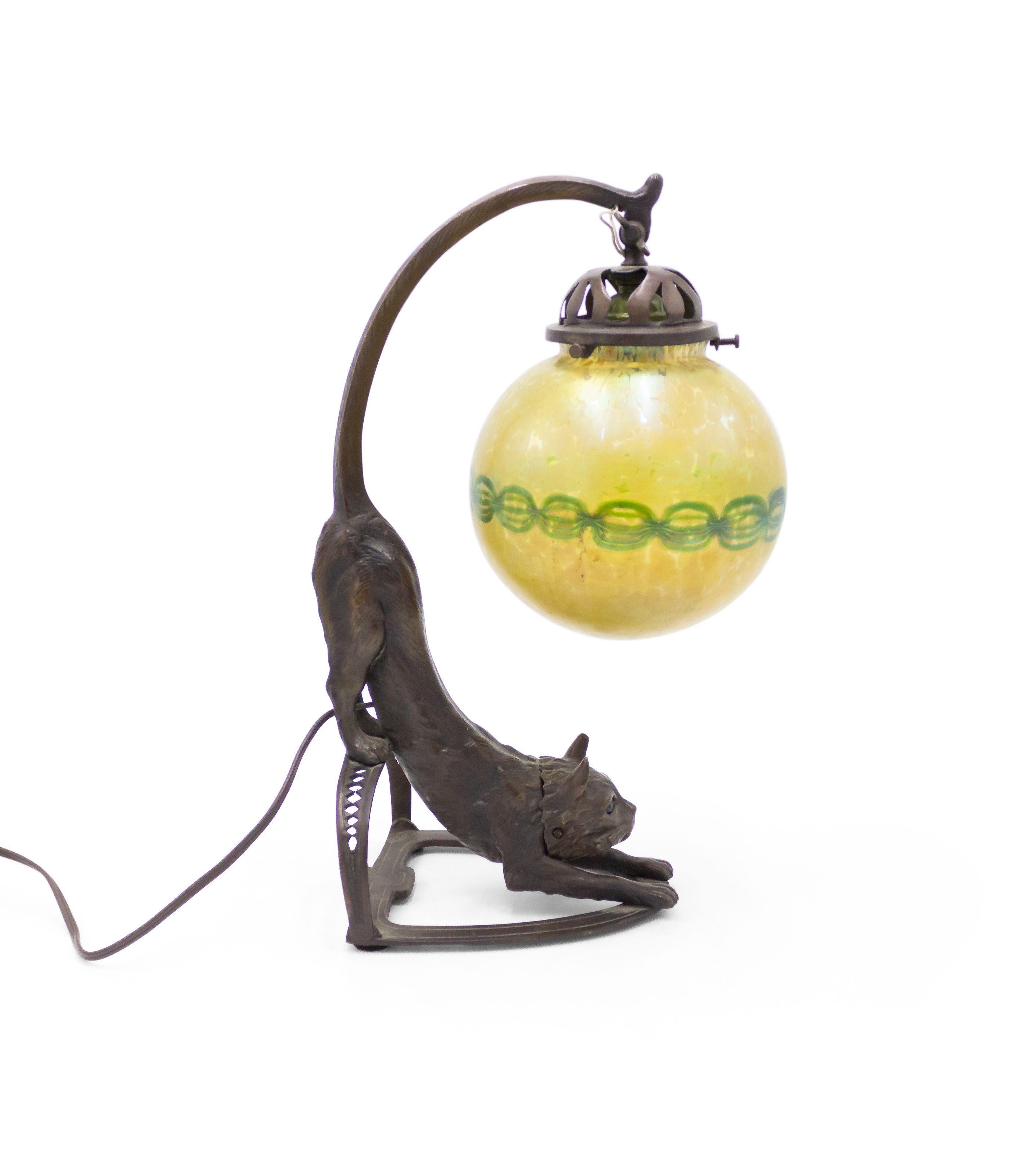 Continental Austrian Cat Lamp With Loetz Shade In Good Condition In Queens, NY