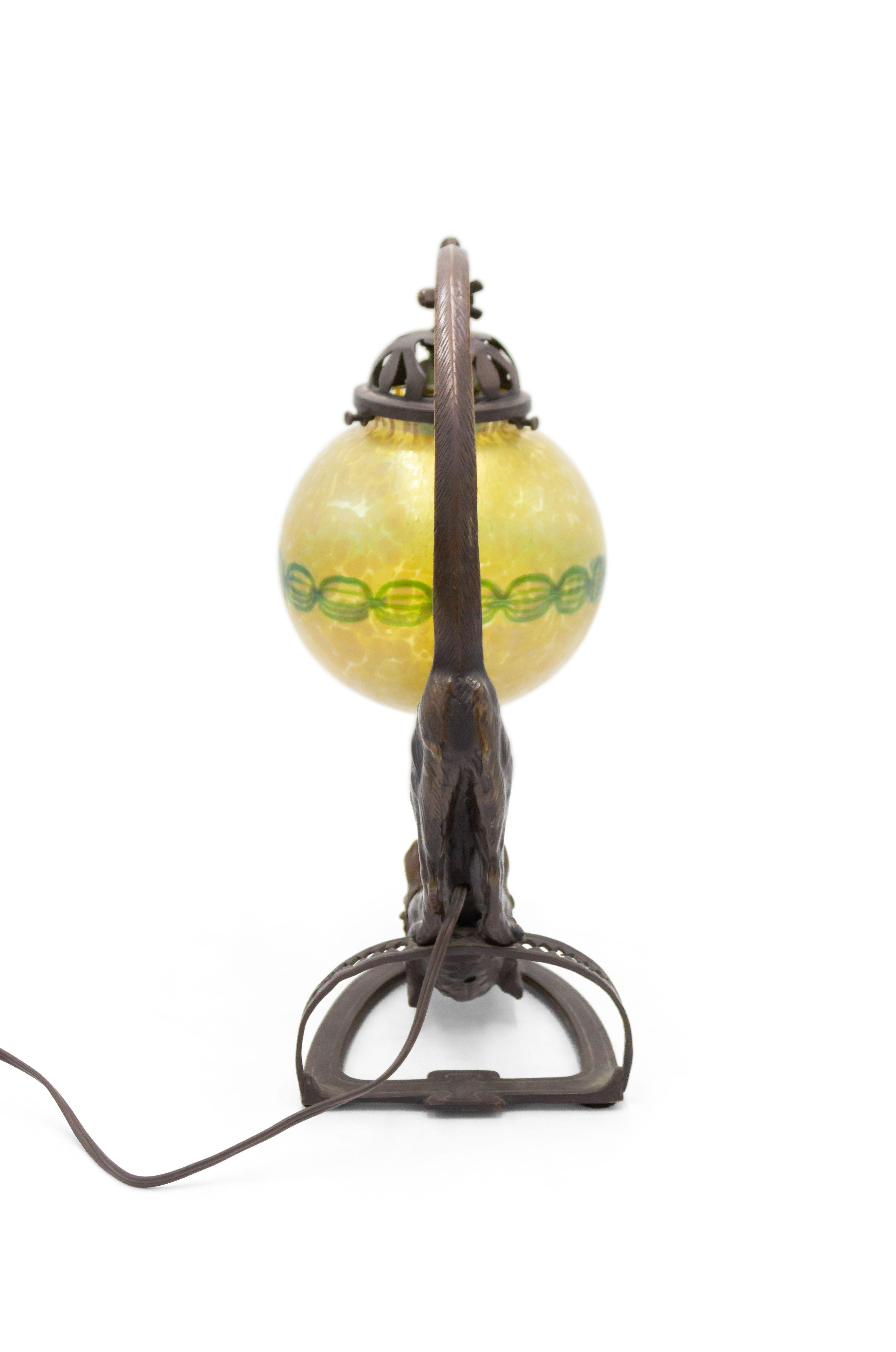 20th Century Continental Austrian Cat Lamp With Loetz Shade
