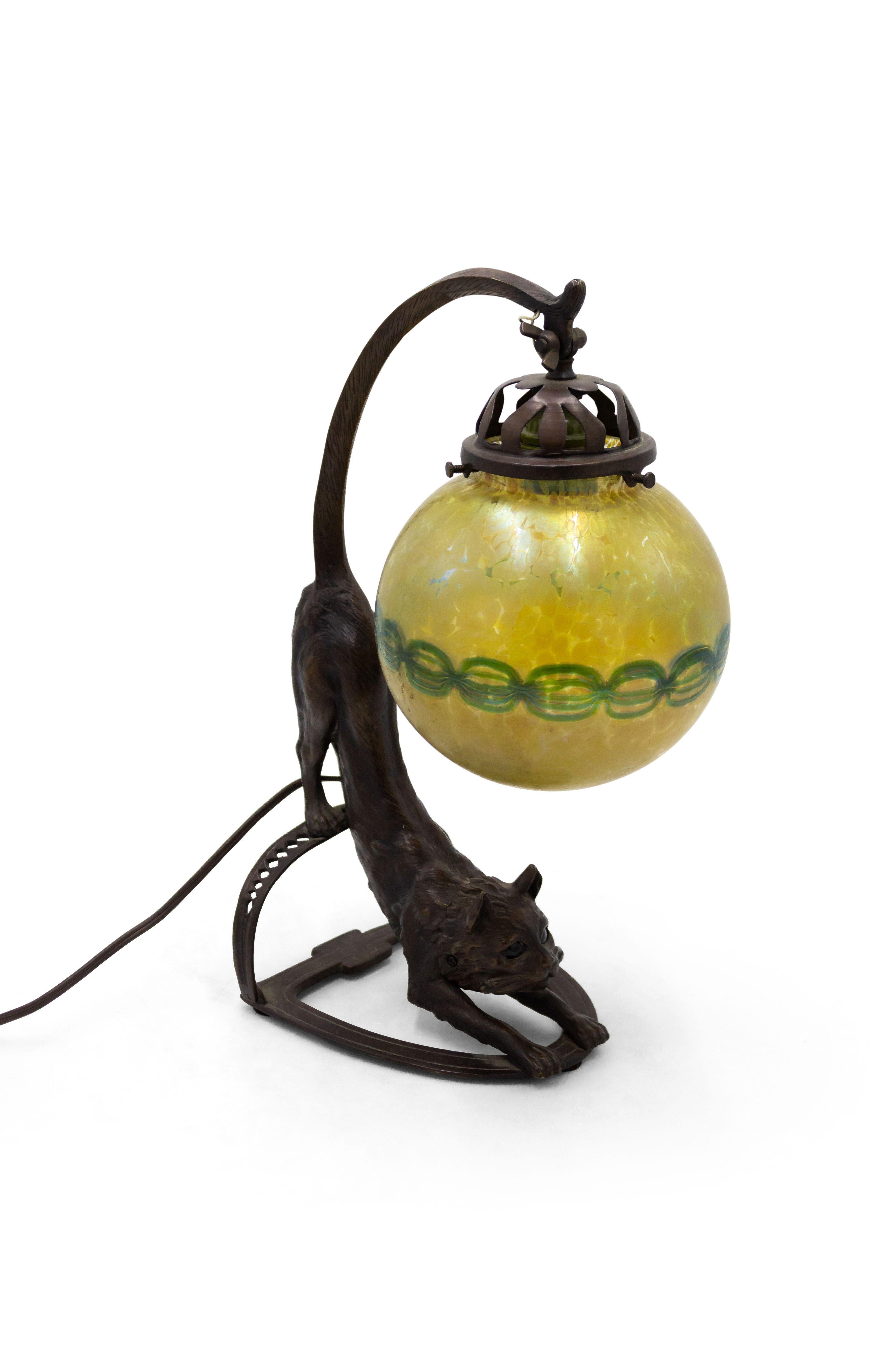 Bronze Continental Austrian Cat Lamp With Loetz Shade