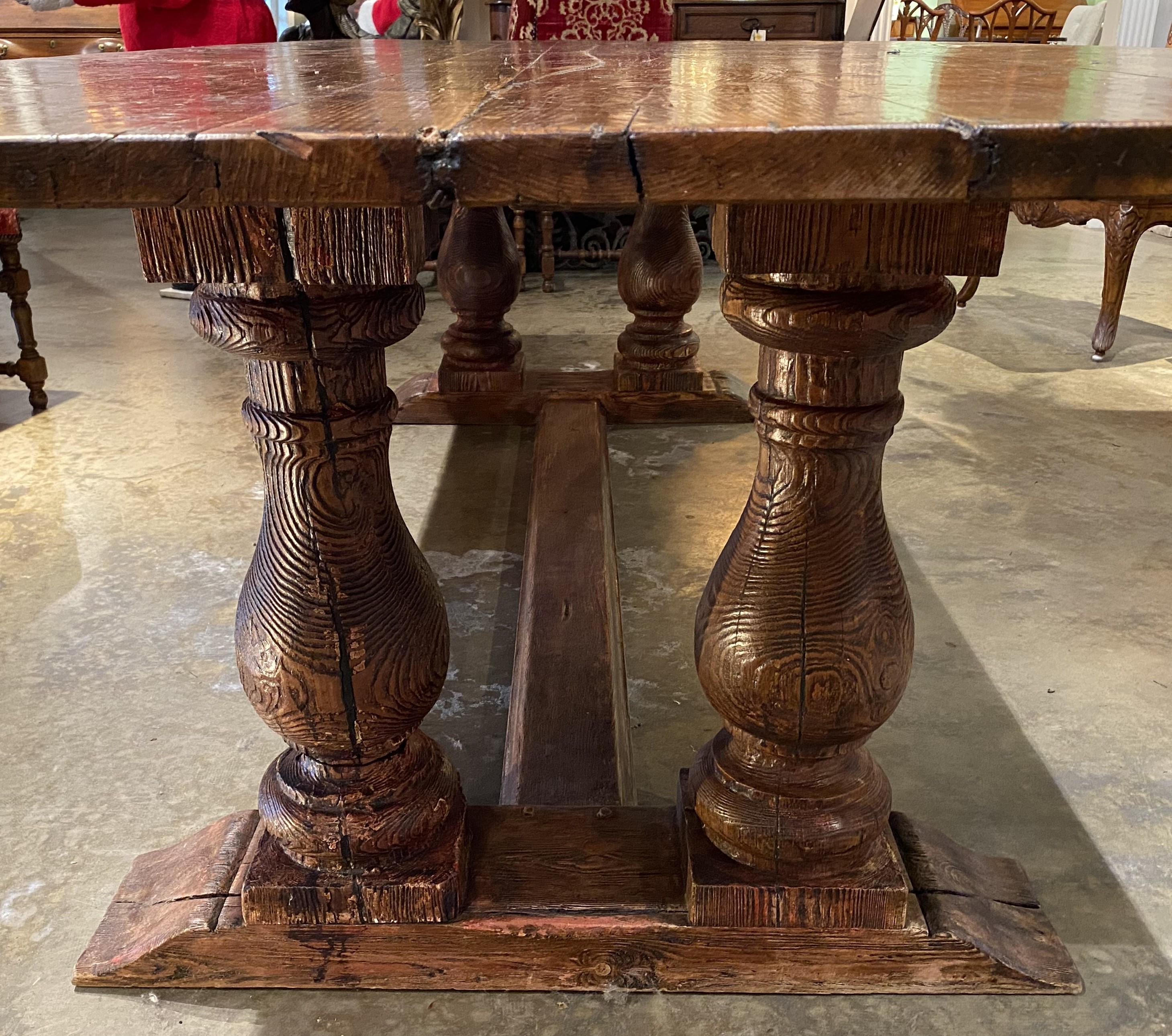 Continental Baroque Style Pine Refectory Table with Balustrade Supports In Good Condition For Sale In Milford, NH