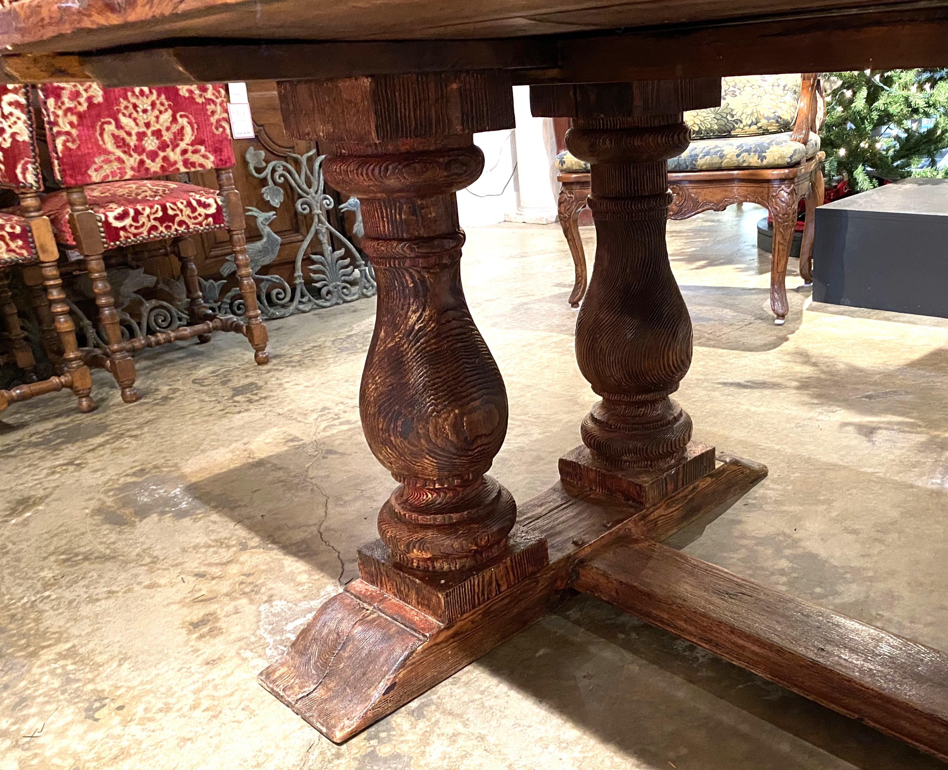 20th Century Continental Baroque Style Pine Refectory Table with Balustrade Supports For Sale