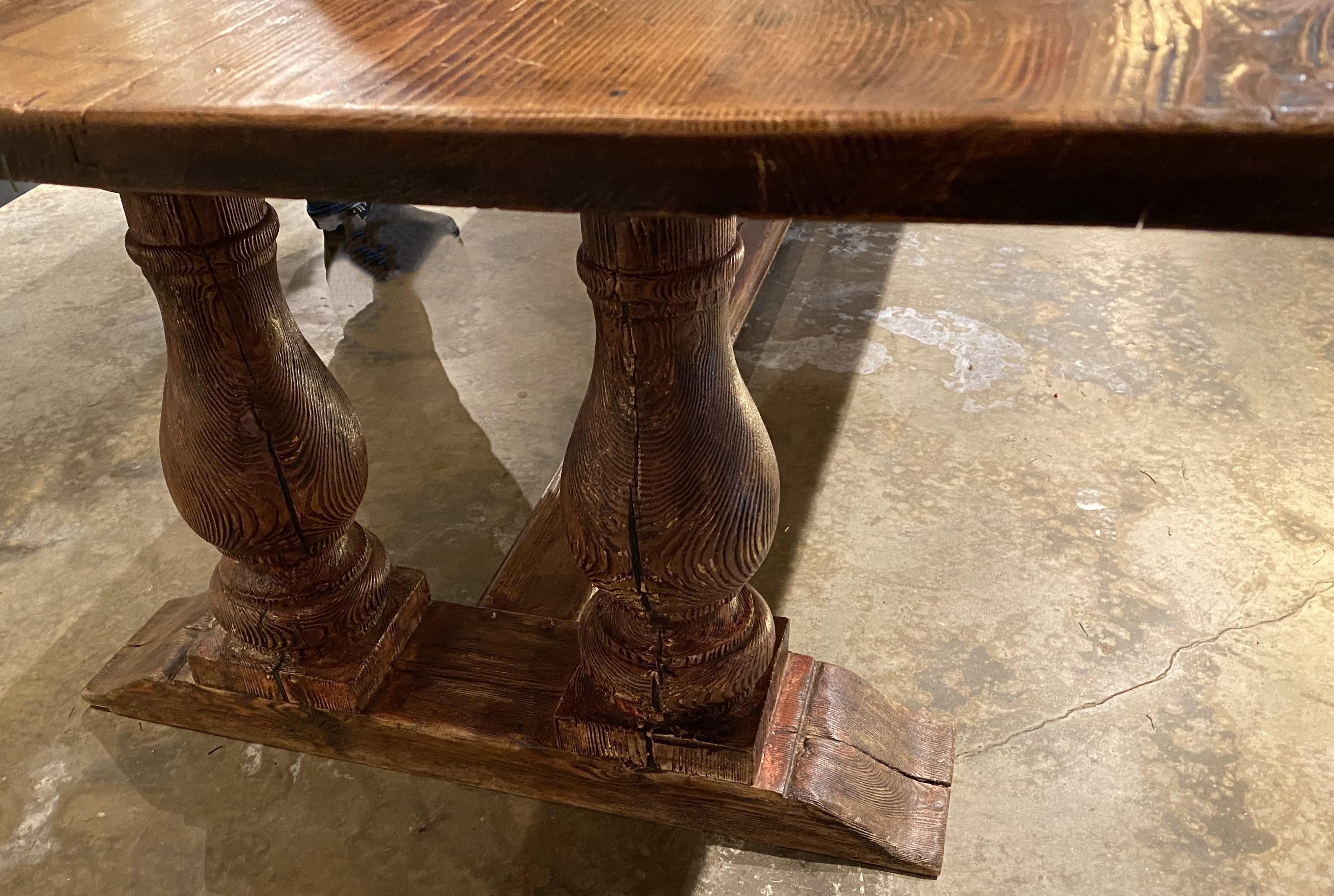 Continental Baroque Style Pine Refectory Table with Balustrade Supports For Sale 2