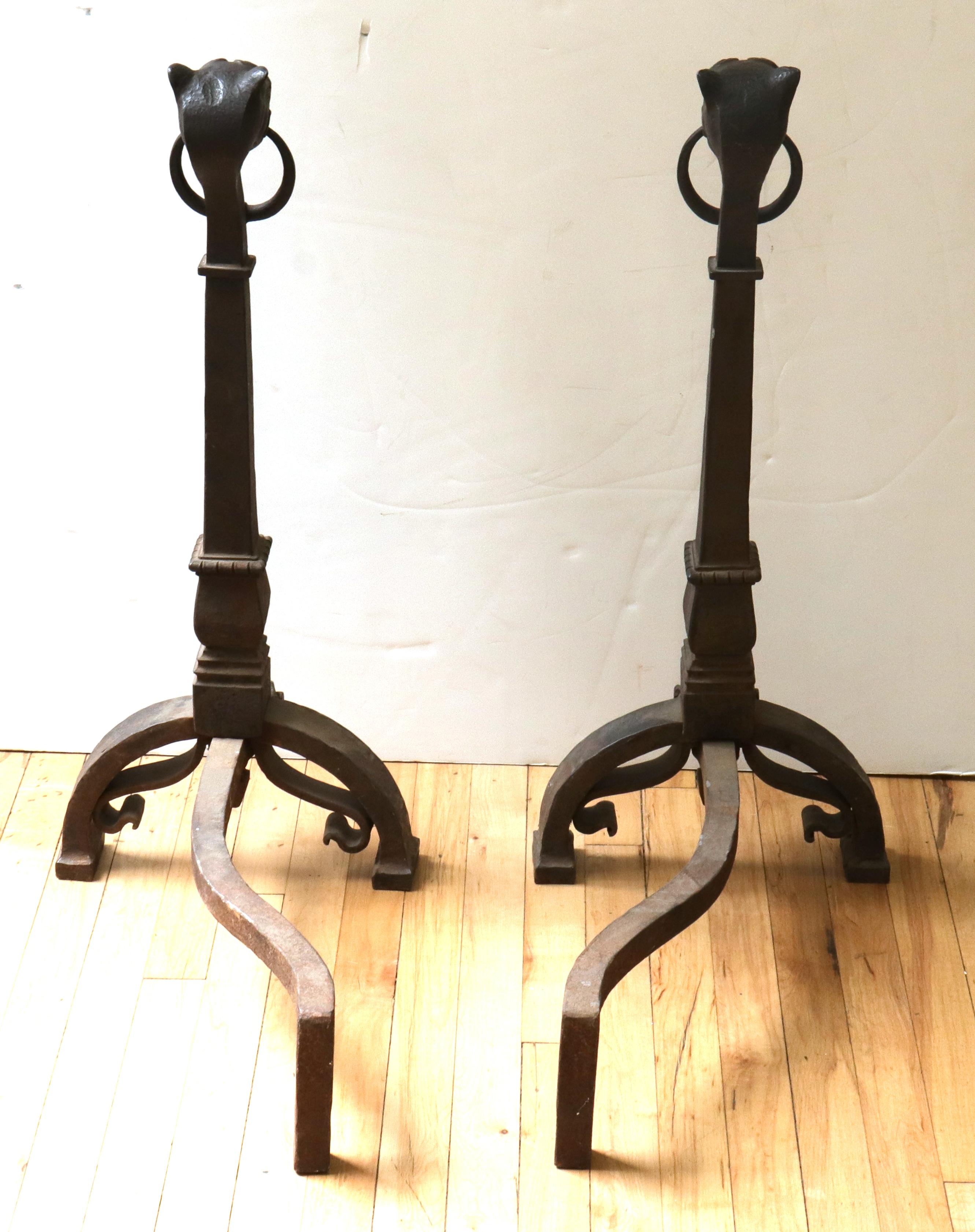 Continental Baroque Wrought Iron Lion Head Andirons For Sale 2