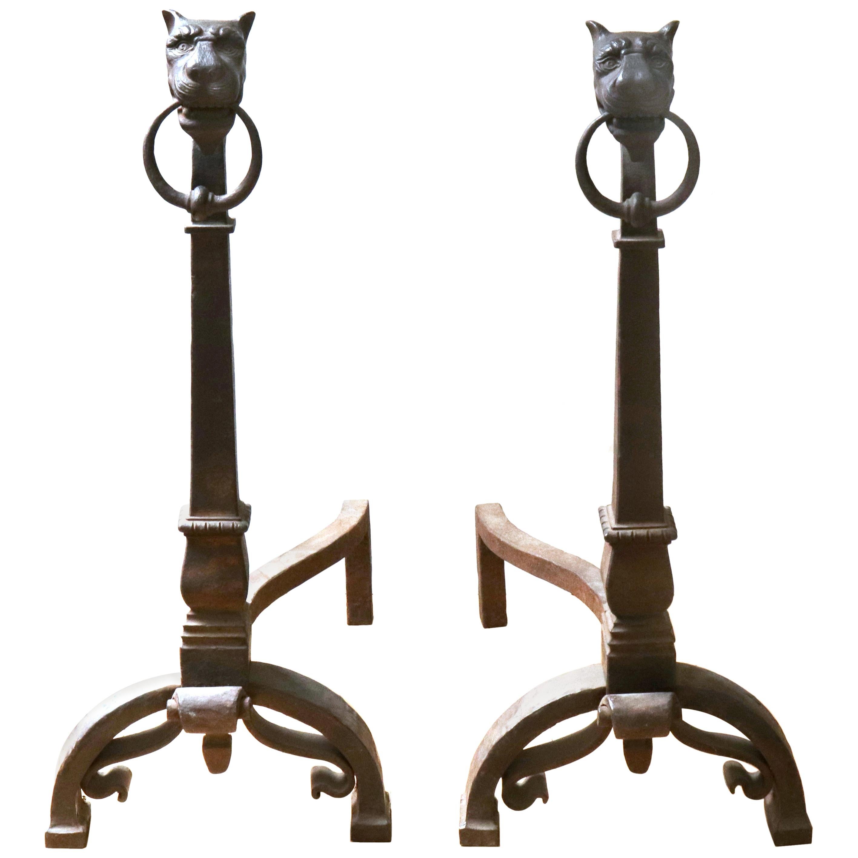 Continental Baroque Wrought Iron Lion Head Andirons For Sale