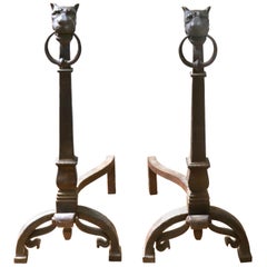 Continental Baroque Wrought Iron Lion Head Andirons