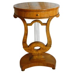 Antique Continental Biedermeier Lyre Form Pedestal Occasional Table in Burl Birch