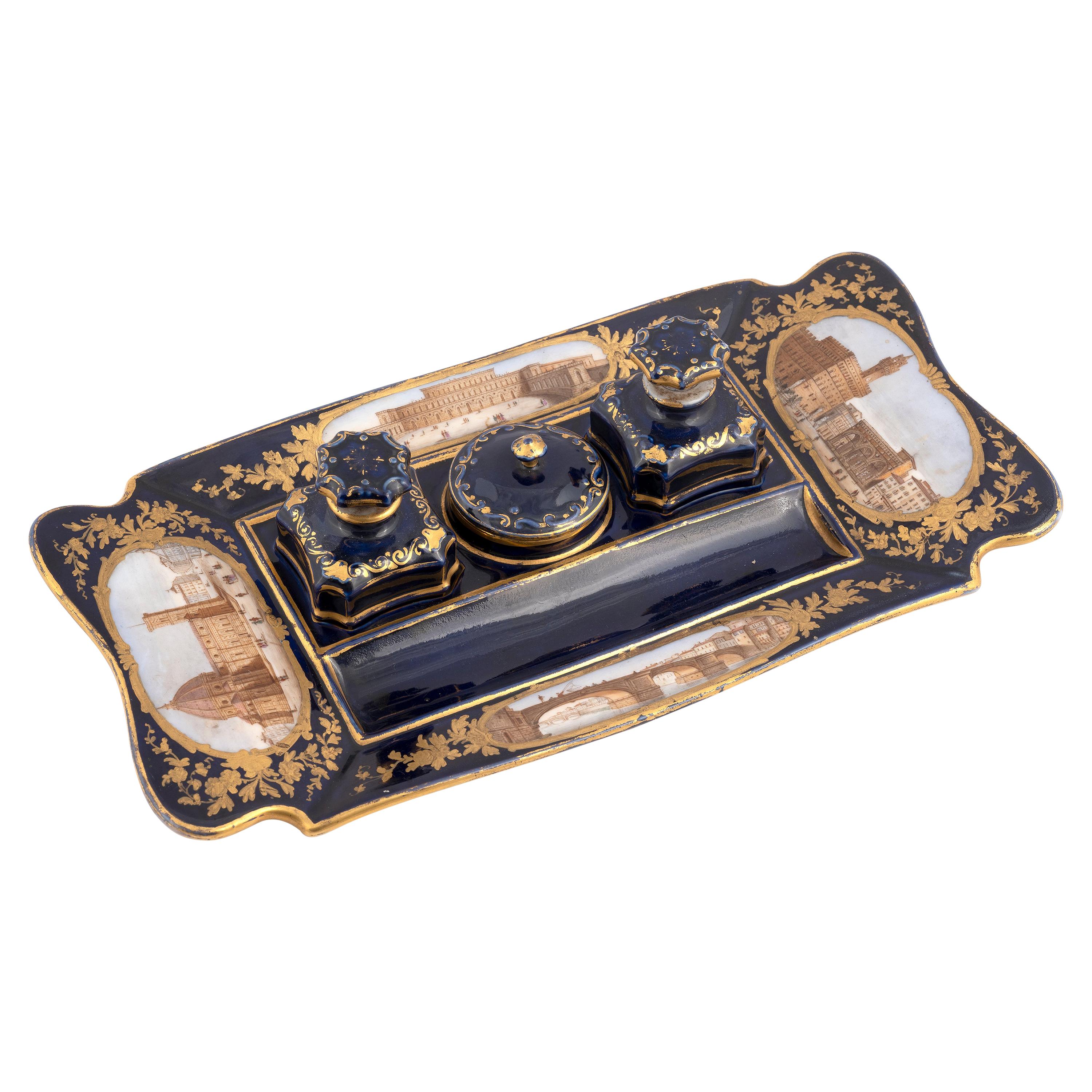 Continental Blue Ground and Gilt Porcelain Grand Tour Inkstand For Sale