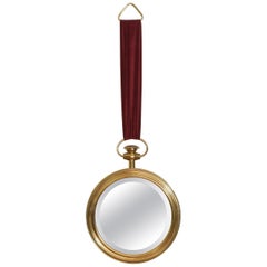 Continental Brass and Velvet Mirror in the Shape of a Pocket Watch, 20th Century