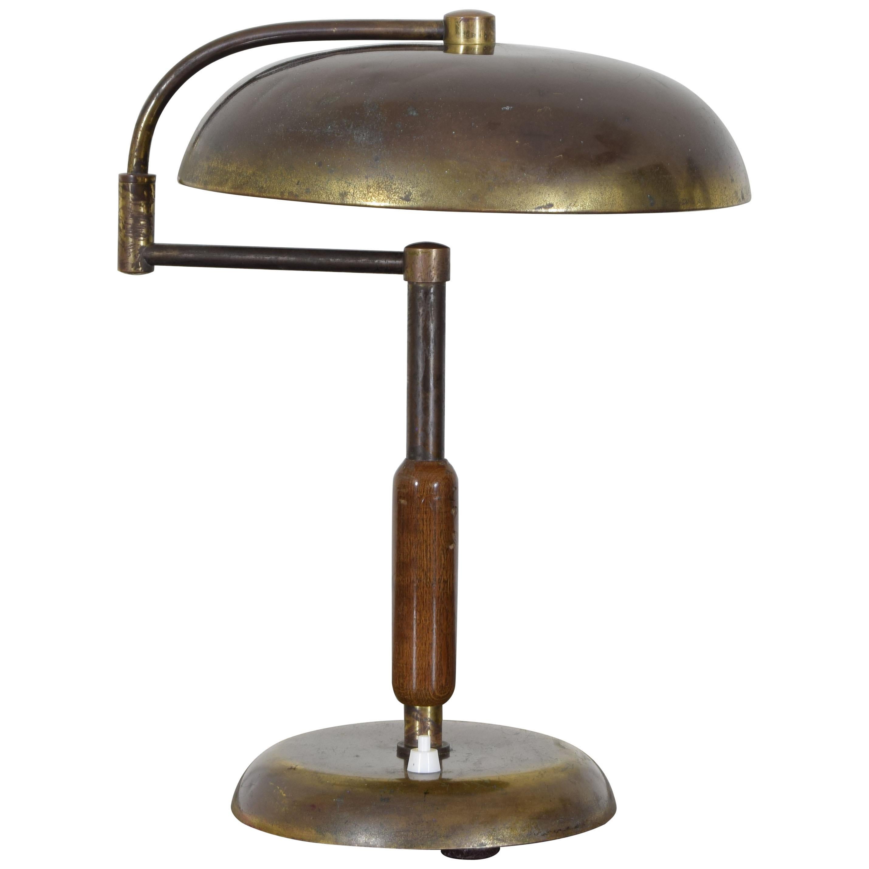 Continental Brass and Wooden Mid-20th Century Pivoting Table Lamp