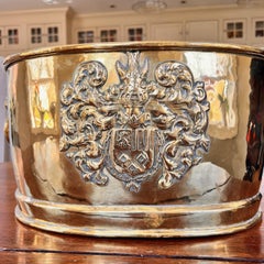 Continental Brass Jardinière with Heraldic Motifs and Lion Mask Ring Handles